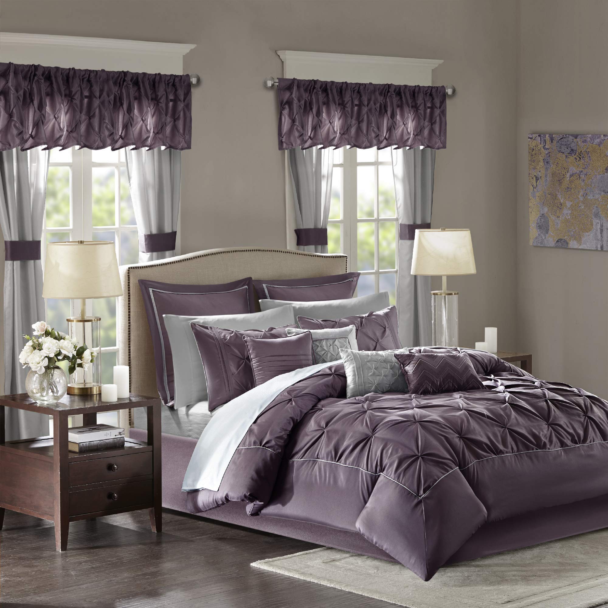 Madison Park Essentials Room in a Bag Faux Silk Comforter Set - Luxe Diamond Tufting All Season Bedding, Matching Curtains, Decorative Pillows, Taupe King(104"x92") 24 Piece