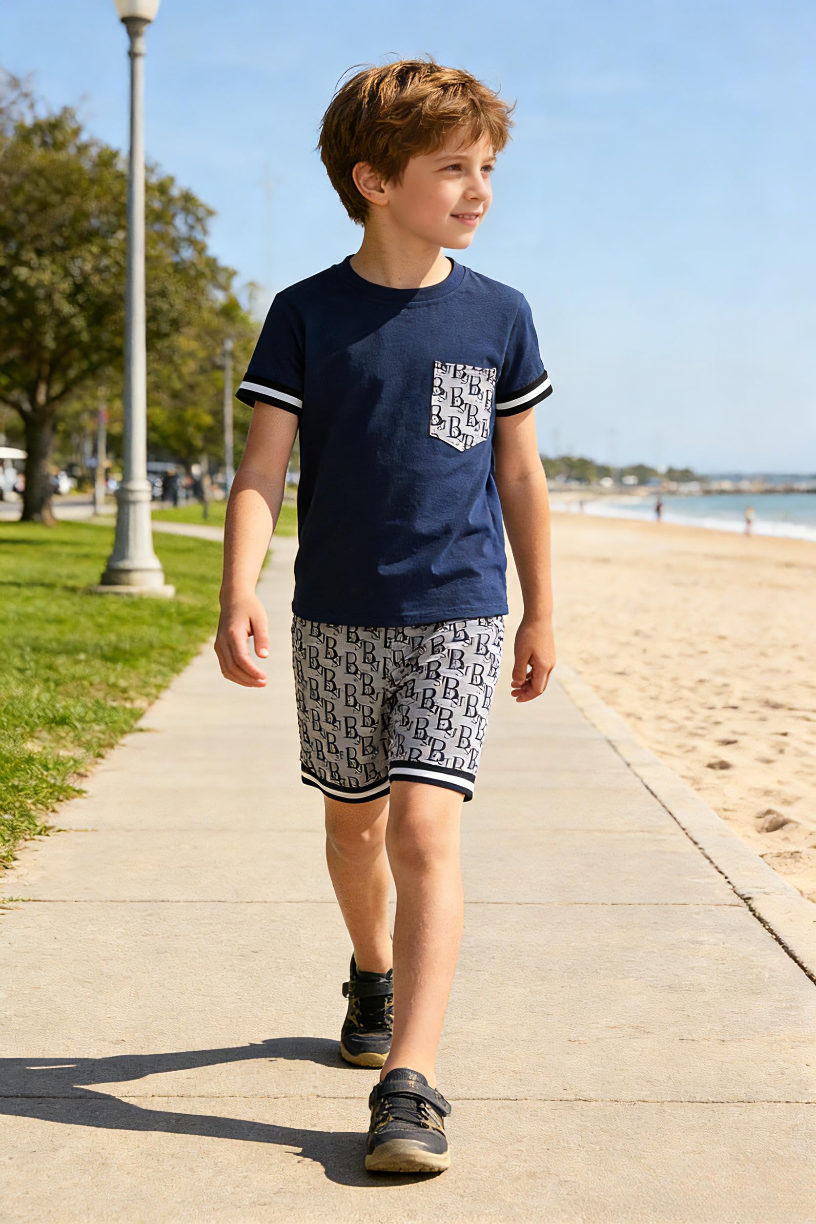 Kids Tween Boy Casual Clothing Set Letter Graphic Colorblock Tee +Shorts Summer Clothing Set 4-14 Years