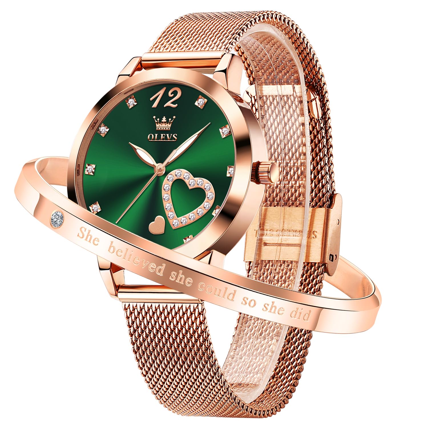 OLEVS Rose Gold Watch for Women Mesh Strap Fashion Dress Hearts Japanese Quartz Waterproof Luminous Ladies Watches Bracelet Sets
