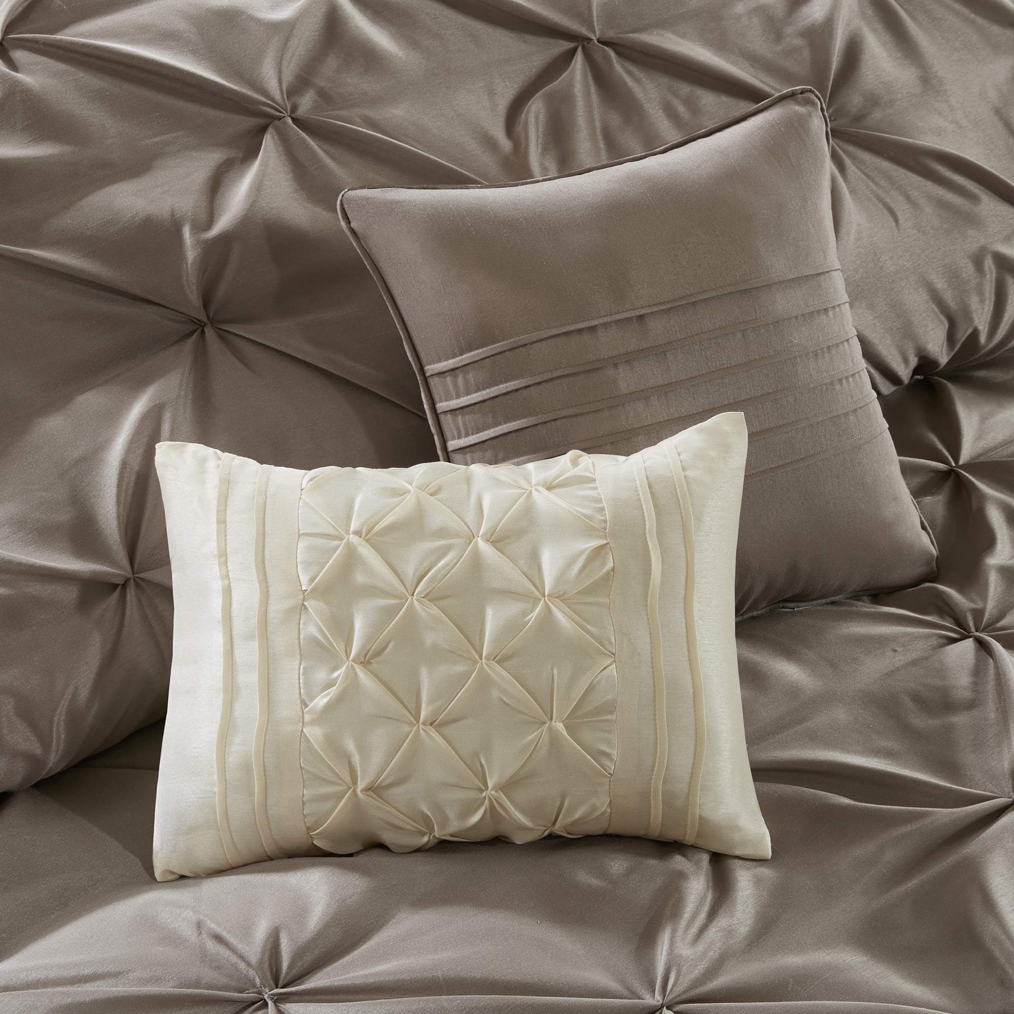 Madison Park Essentials Room in a Bag Faux Silk Comforter Set - Luxe Diamond Tufting All Season Bedding, Matching Curtains, Decorative Pillows, Taupe King(104"x92") 24 Piece