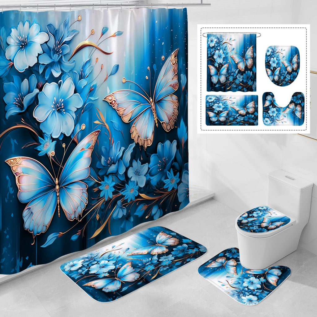 Litabel 4 Pcs Black Floral Butterfly Shower Curtain Set with Non-Slip Rugs, White Gold Modern Toilet Lid Cover and Bath Mat, Elegant Bathroom Decor Set (Hooks Not Included)