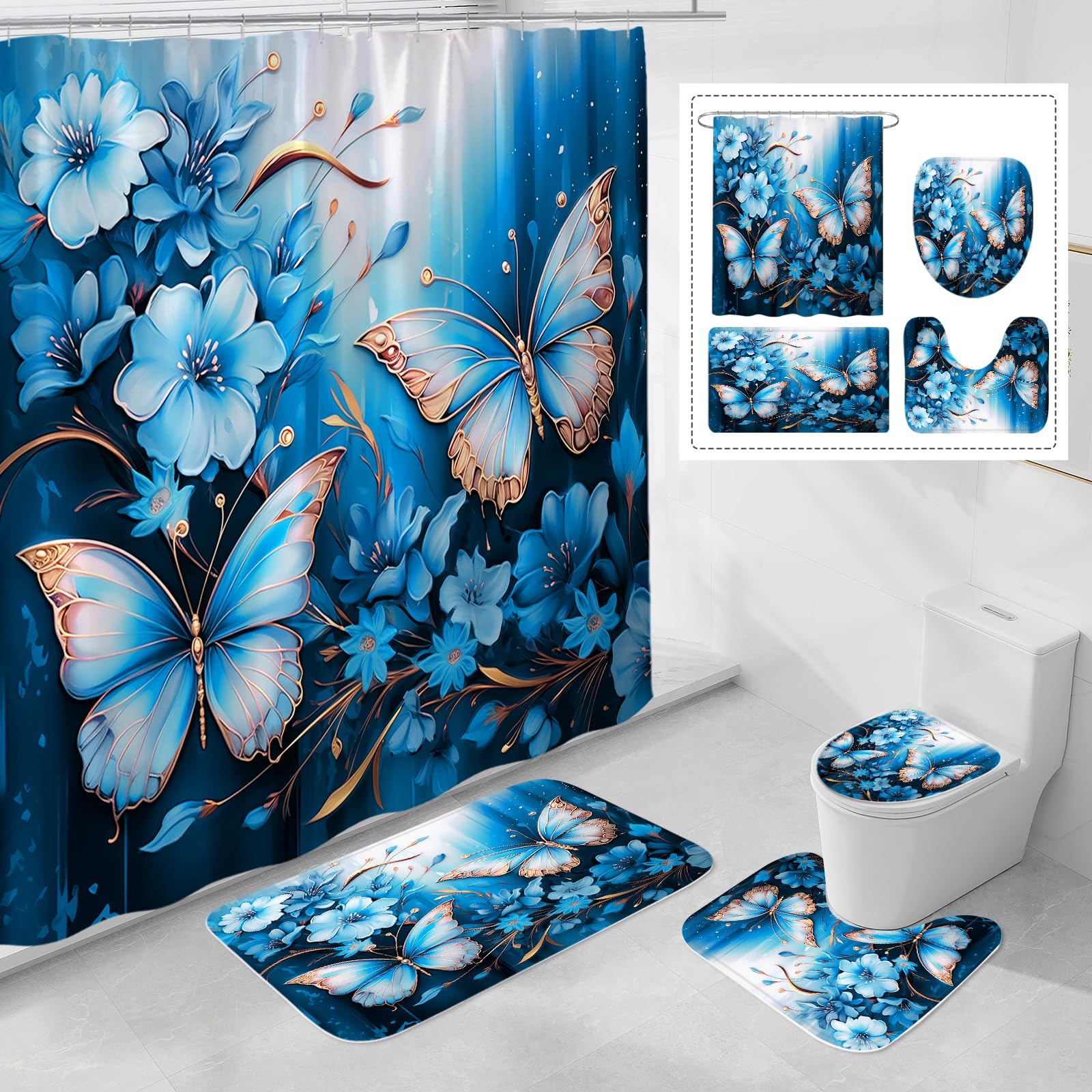 Litabel 4 Pcs Black Floral Butterfly Shower Curtain Set with Non-Slip Rugs, White Gold Modern Toilet Lid Cover and Bath Mat, Elegant Bathroom Decor Set (Hooks Not Included)