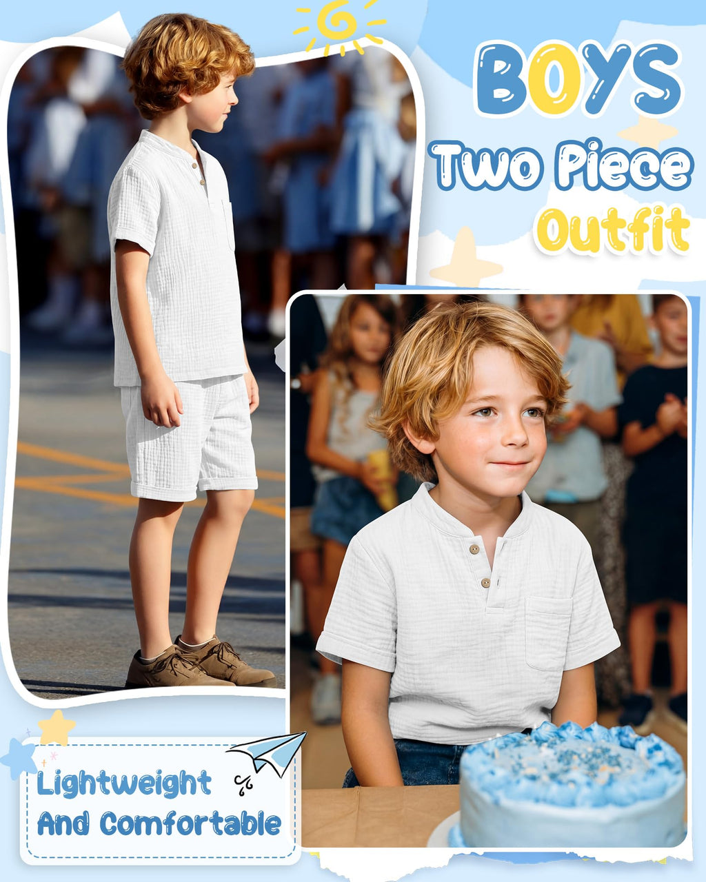 Boys 2 Piece Cotton Outfits 5-14Y Short Sleeve Button Down Shirt Shorts Pockets Summer Clothes Henley Casual Set