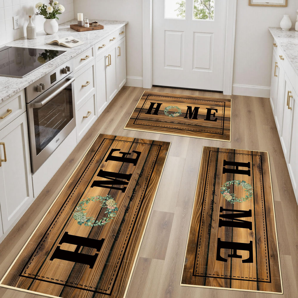 Tritard 100% Non Slip Kitchen Mats for Floor Washable Kitchen Rugs Sets of 3 Farmhouse Kitchen Runner Rug Soft Rustic Kitchen Floor Carpet for Hallway, Laundry, Sink, Office, Brown
