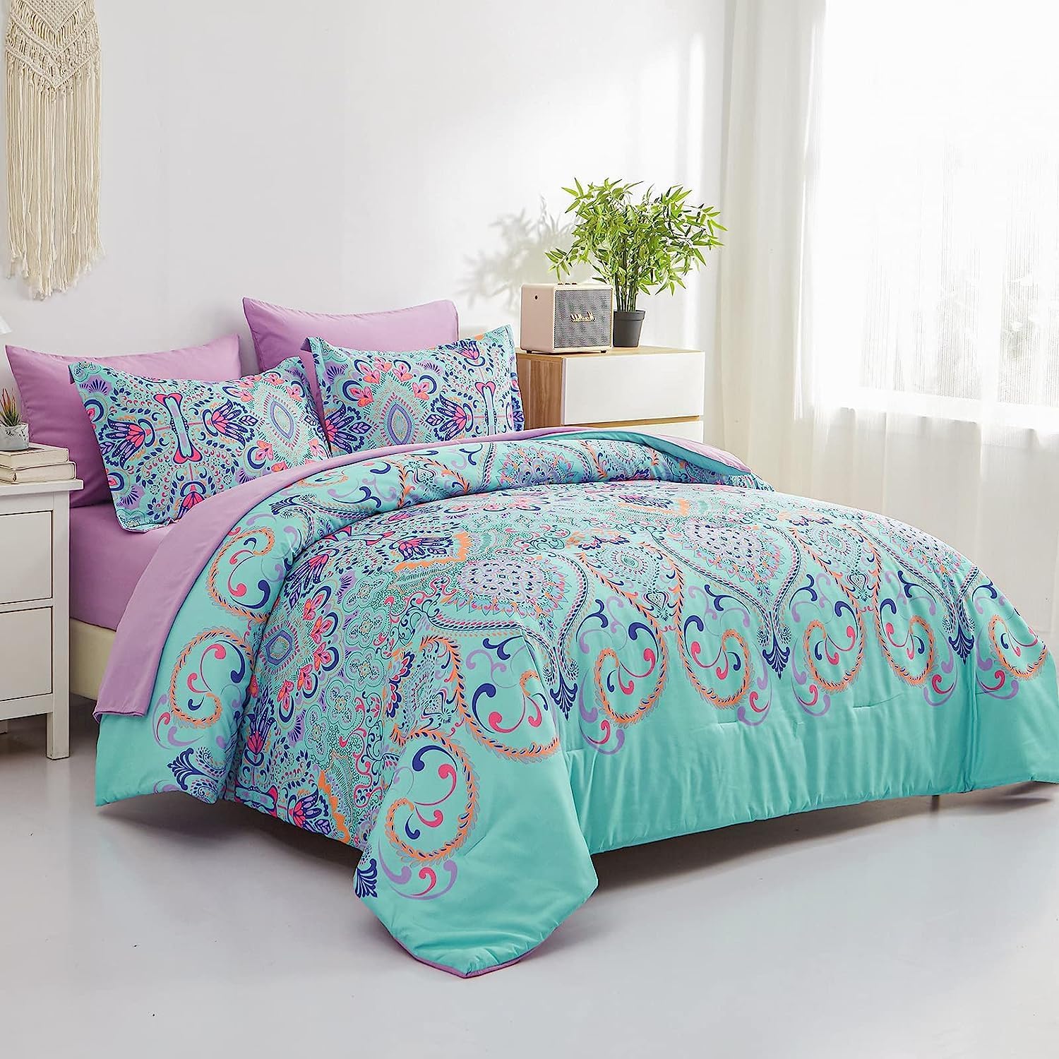 DHSFKBE 7 Piece Bed in a Bag Floral Comforter Set, Botanical Flowers Comforter and Sheet Set, Soft Microfiber Lightweight Bedding Comforter Set for All Season(Dark Floral, King)
