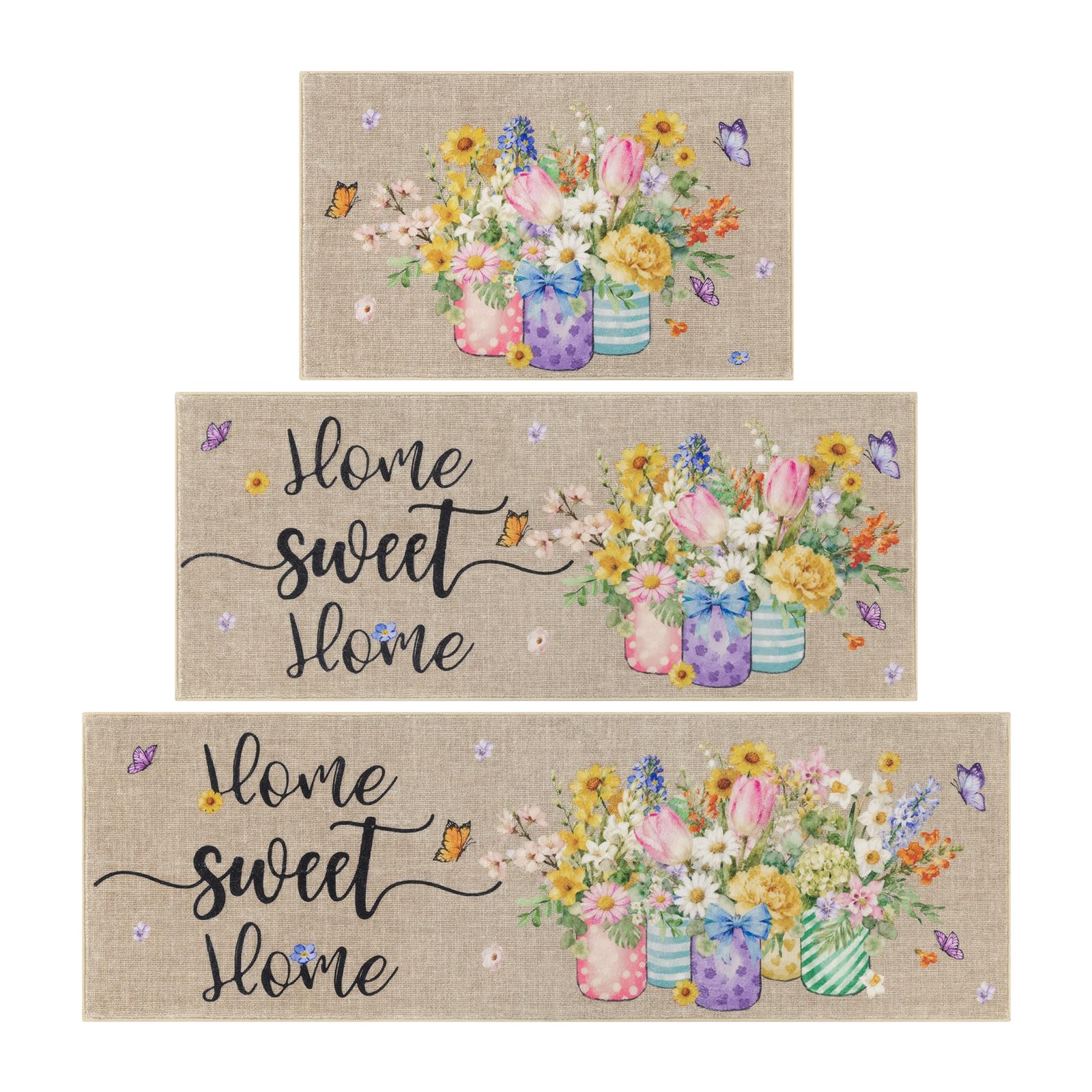 Vaukki Boho Kitchen Rug Sets 3 Pieces, Washable Kitchen Mats for Floor, Non Slip Soft Kitchen Area Rug Floor Mat for Kitchen, Laundry Room and Hallway (Grey and Beige, 20''x32''+20''x47''+20''x59'')