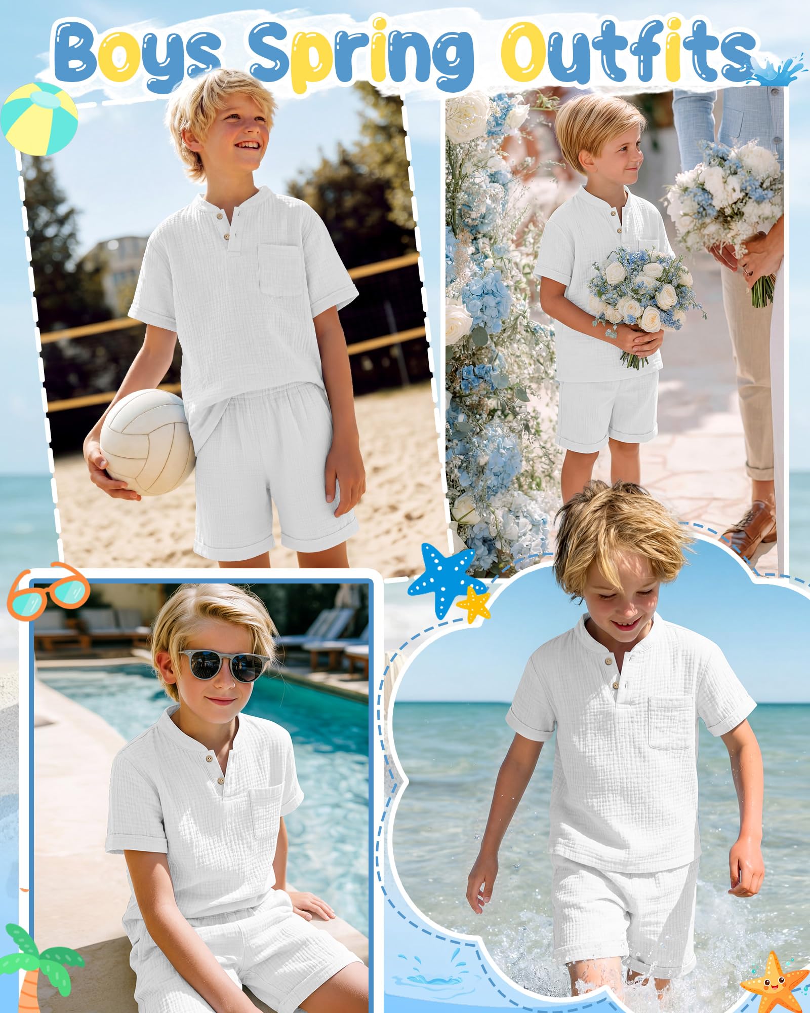 Boys 2 Piece Cotton Outfits 5-14Y Short Sleeve Button Down Shirt Shorts Pockets Summer Clothes Henley Casual Set