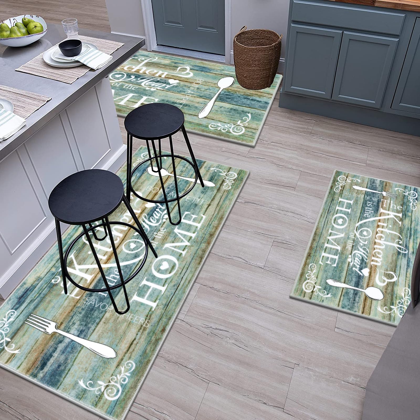 Vaukki Boho Kitchen Rug Sets 3 Pieces, Washable Kitchen Mats for Floor, Non Slip Soft Kitchen Area Rug Floor Mat for Kitchen, Laundry Room and Hallway (Grey and Beige, 20''x32''+20''x47''+20''x59'')