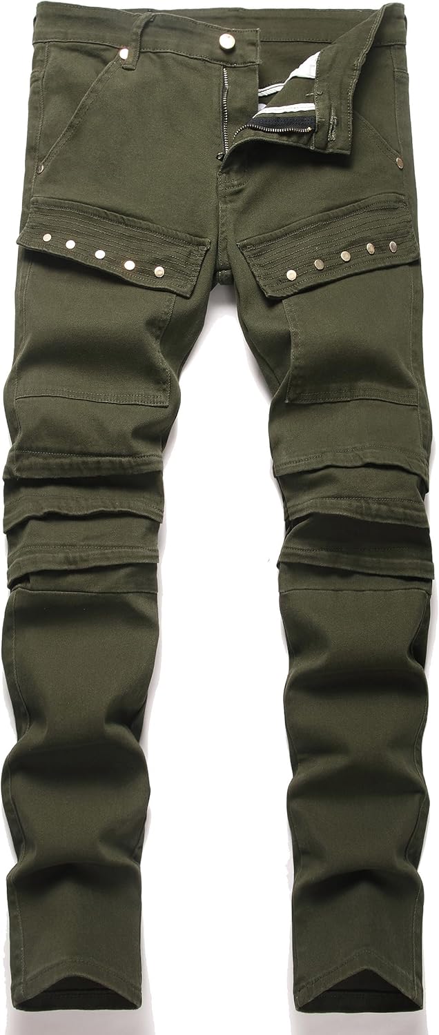 XIMXIMMTIAN Men's Biker Moto Washed Distressed Slim Fit Straight Jeans Denim