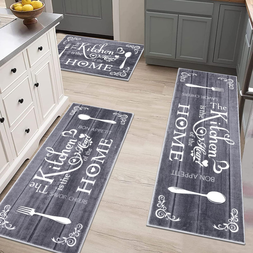 Vaukki Boho Kitchen Rug Sets 3 Pieces, Washable Kitchen Mats for Floor, Non Slip Soft Kitchen Area Rug Floor Mat for Kitchen, Laundry Room and Hallway (Grey and Beige, 20''x32''+20''x47''+20''x59'')