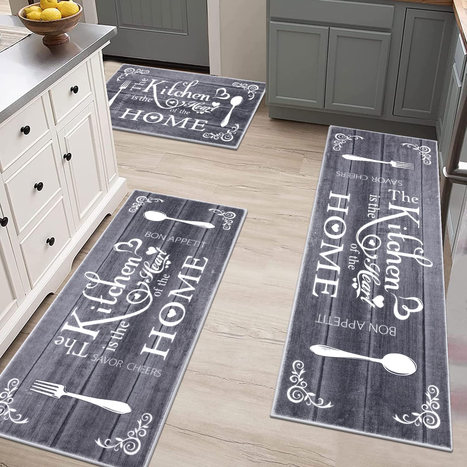 Vaukki Boho Kitchen Rug Sets 3 Pieces, Washable Kitchen Mats for Floor, Non Slip Soft Kitchen Area Rug Floor Mat for Kitchen, Laundry Room and Hallway (Grey and Beige, 20''x32''+20''x47''+20''x59'')