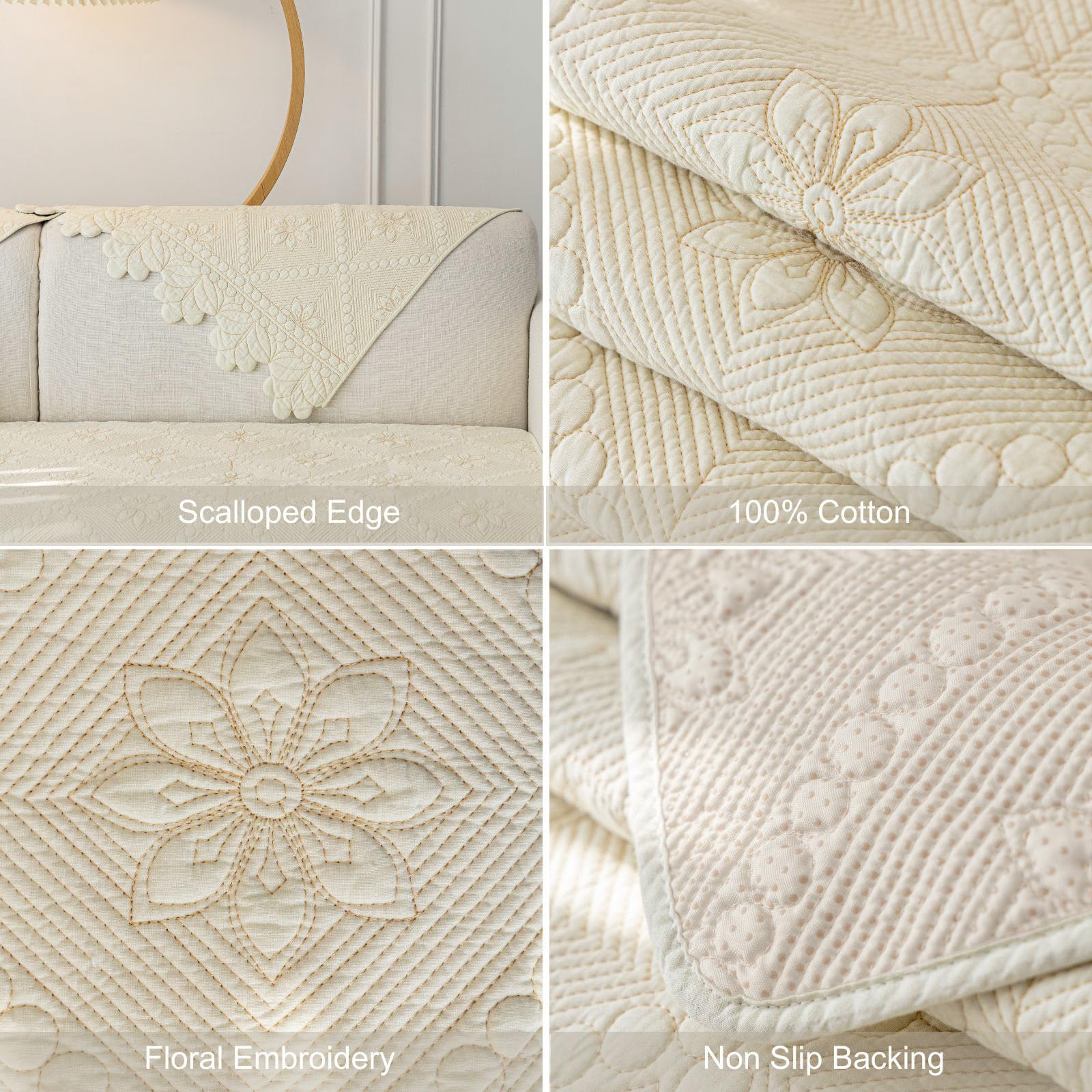 Cotton Quilted Dog Couch Cover for Sofa Farmhouse Rustic Embroidery Sectional Couch Cover Soft Anti-Slip Sofa Slipcover Furniture Protector for Kids, Pets (Khaki,36"x36")