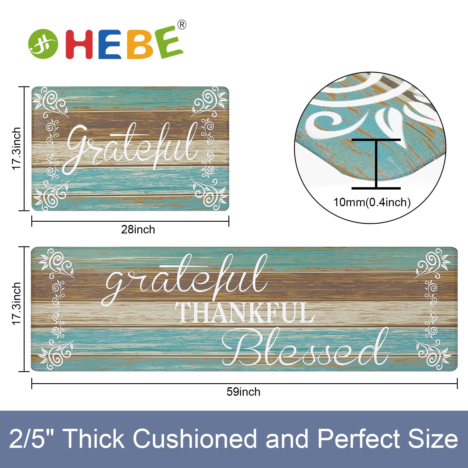HEBE Anti Fatigue Kitchen Mat Set of 2 Non Slip Cushioned Kitchen Mats for Floor Waterproof Farmhouse Kitchen Rugs and Mats Set Comfort Standing Desk Mat Carpet for Sink,Office,Laundry