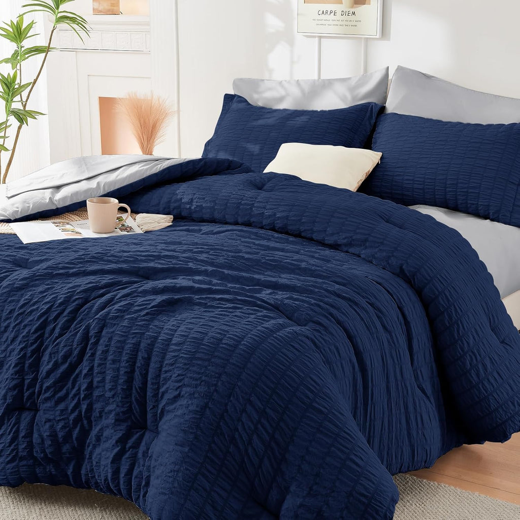 HYMOKEGE 7 Piece King Size Comforter Set Seersucker, All Season Luxury Bed in a Bag for Bedroom, Bedding Set with Comforters, Sheets, Pillowcases & Shams, Dark Grey