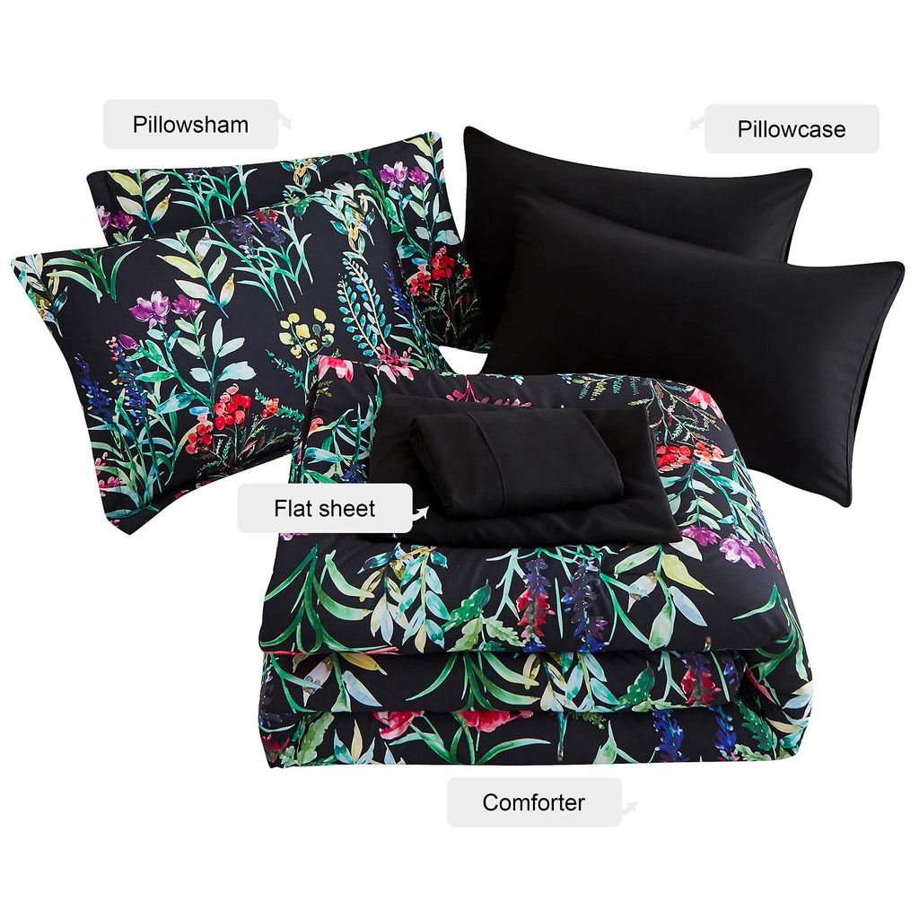 DHSFKBE 7 Piece Bed in a Bag Floral Comforter Set, Botanical Flowers Comforter and Sheet Set, Soft Microfiber Lightweight Bedding Comforter Set for All Season(Dark Floral, King)