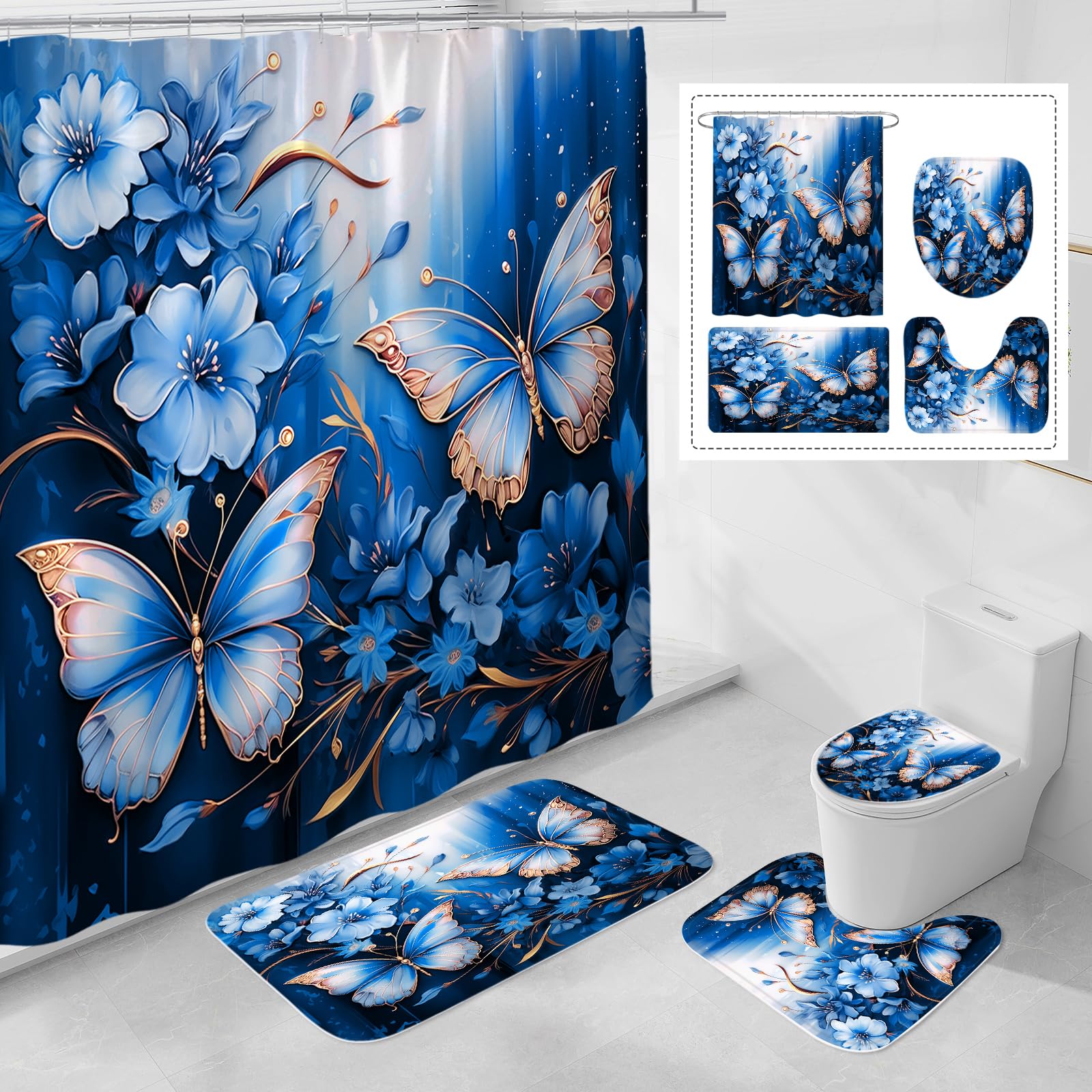 Litabel 4 Pcs Black Floral Butterfly Shower Curtain Set with Non-Slip Rugs, White Gold Modern Toilet Lid Cover and Bath Mat, Elegant Bathroom Decor Set (Hooks Not Included)