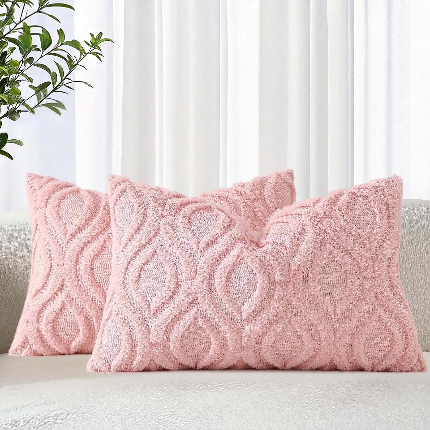 decorUhome Throw Pillow Covers 18x18 Inch Set of 2, Soft Plush Faux Wool Cream White Solid Couch Pillow Covers, Accent Farmhouse Neutral Square Pillow Cases for Sofa Bed Living Room