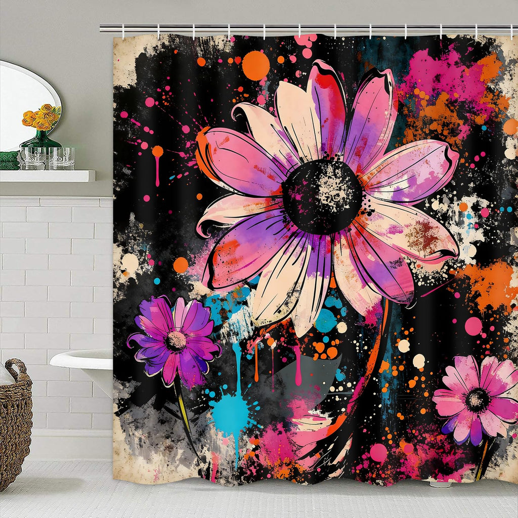 AZHM 4PCS Lotus Shower Curtain Set Black and Gold Flower Bathroom Decor Sets with Shower Curtain and Rugs and Accessories with 12 Hooks for Toilet