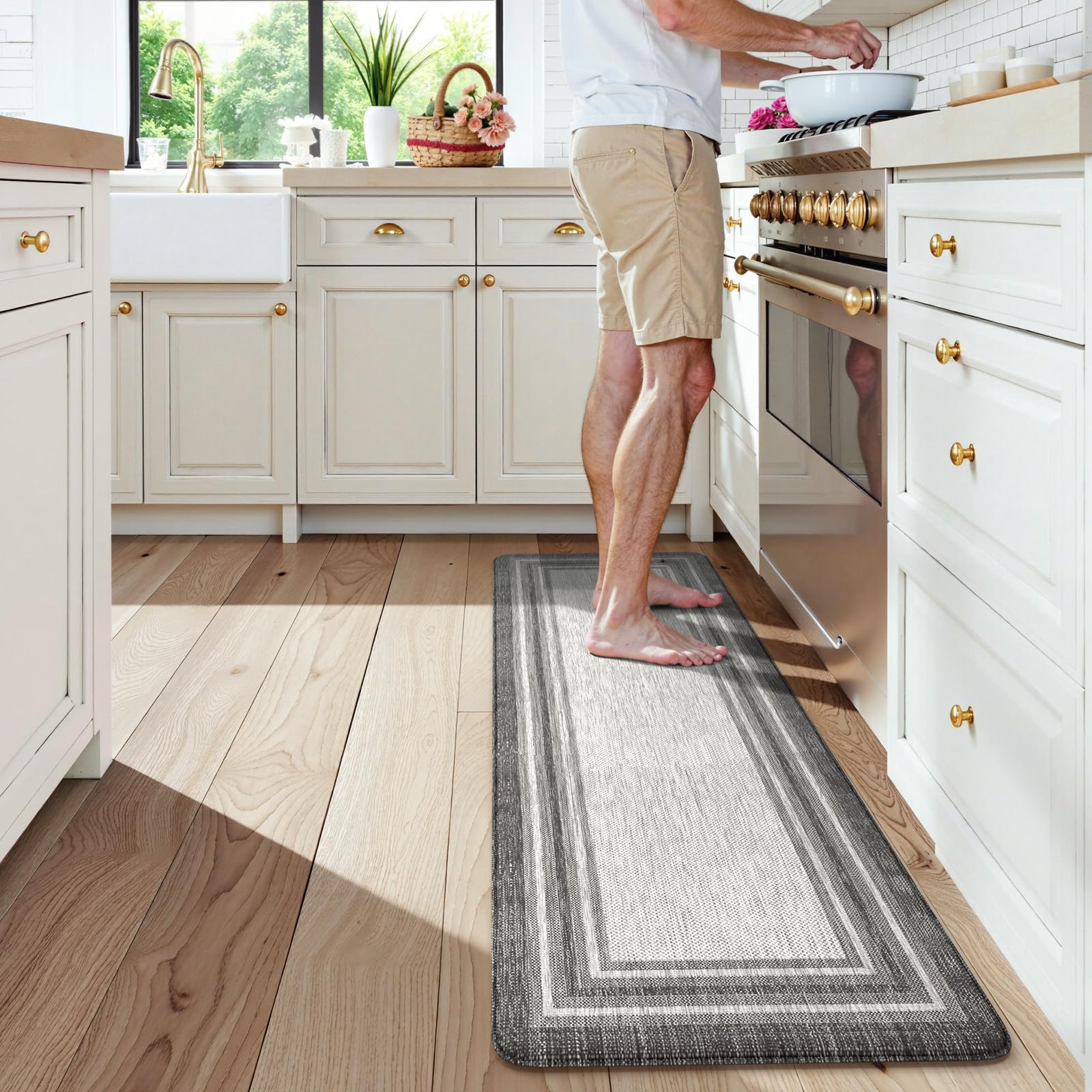 KIMODE Kitchen Mats 2PCS,Cushioned Anti Fatigue Kitchen Rugs and Mats,Non Skid Waterproof Kitchen Mats for Floor,Comfort Foam Standing Mat for Home Decor, Office,Sink,Laundry Room,Desk,Black and White