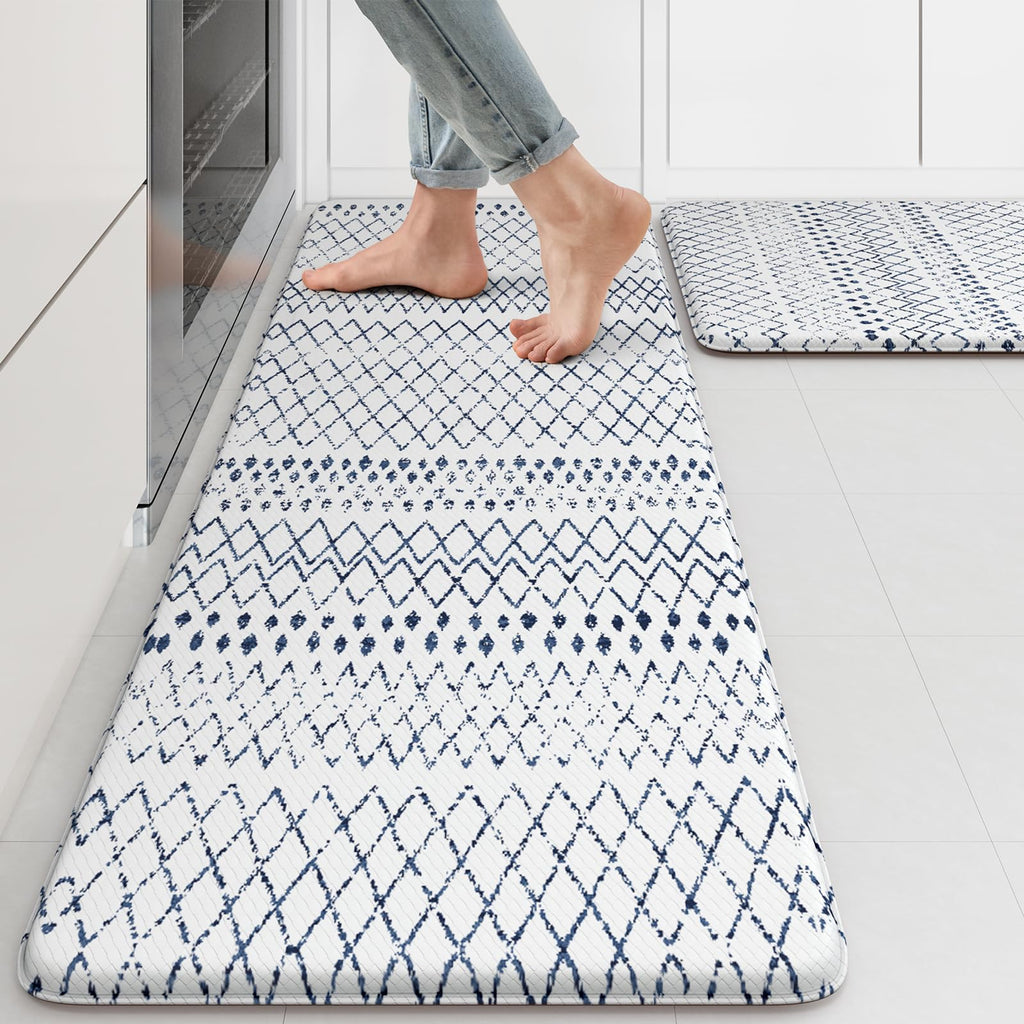 KIMODE Kitchen Mats 2PCS,Cushioned Anti Fatigue Kitchen Rugs and Mats,Non Skid Waterproof Kitchen Mats for Floor,Comfort Foam Standing Mat for Home Decor, Office,Sink,Laundry Room,Desk,Black and White