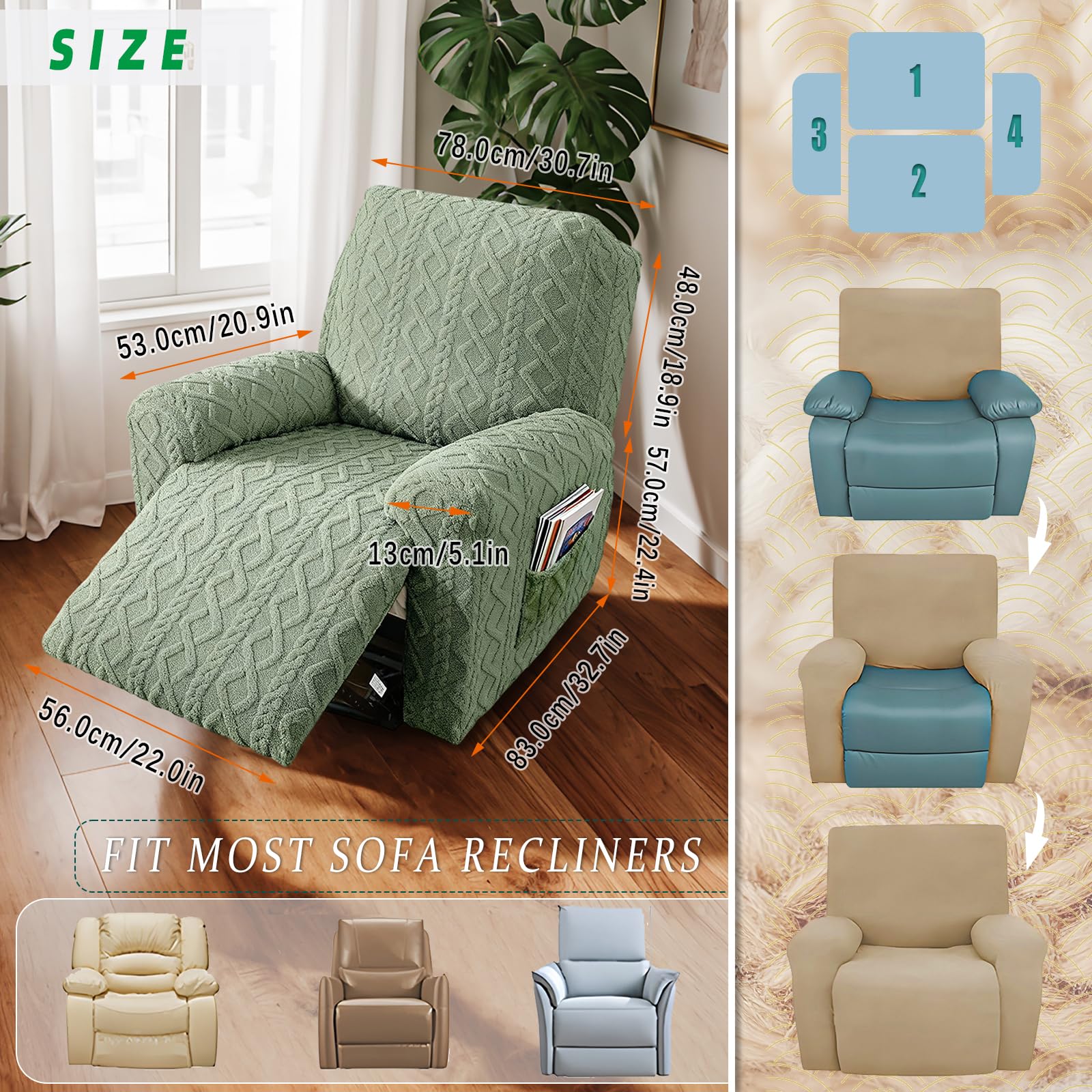 JOKIVTOU Recliner Chair Covers 4-Pieces Reclining Chair Slipcovers with Pocket& Elastic Bottom, Soft Feel Fitted Lazy Boy Sofa Couch Cover Washable, Stretch Recliner Furniture Protector
