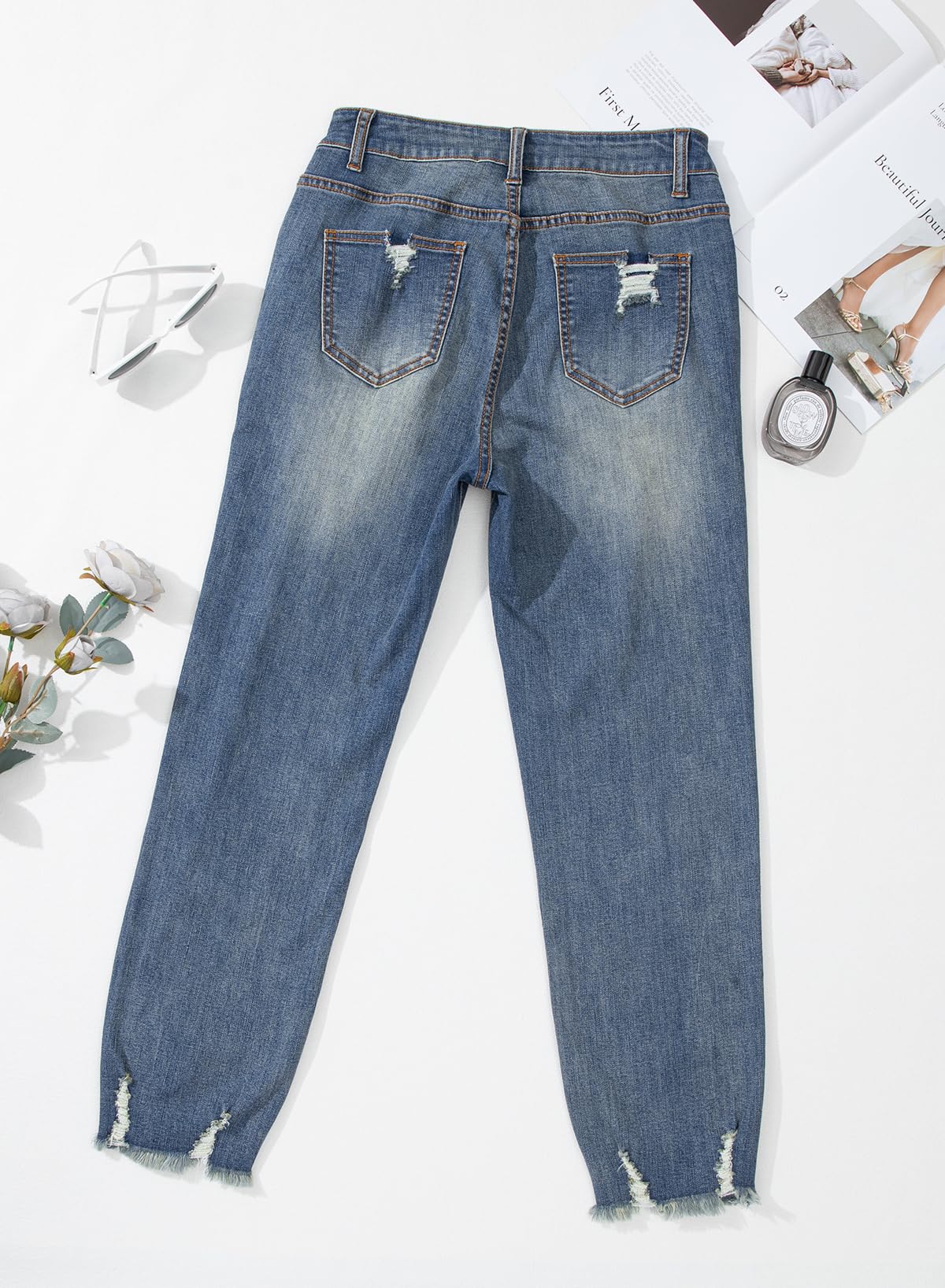 EVALESS Women's High Waisted Tummy Control Straight Ankle Ripped Jeans