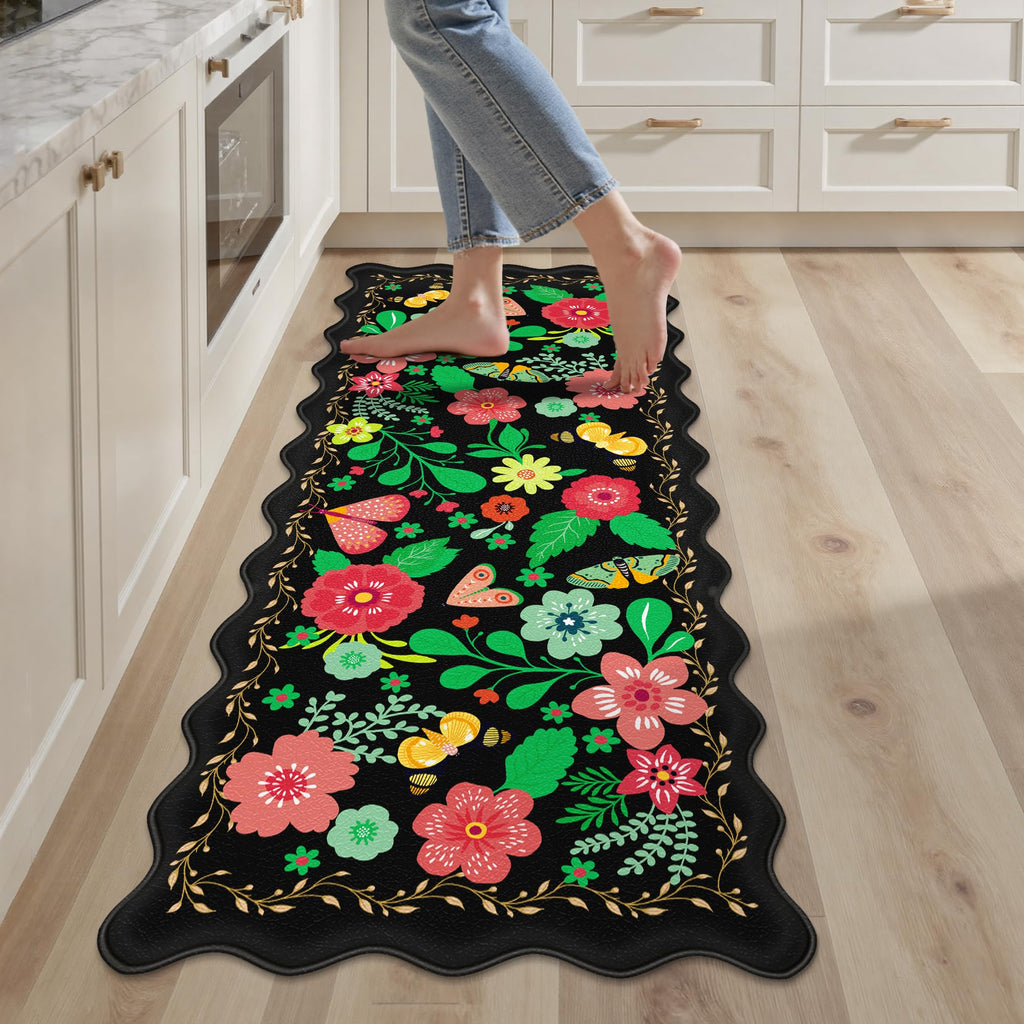 Arenarug Upgrade Scalloped Embossed Kitchen Mats for Floor 2PCS Cushioned Anti Fatigue Waterproof Foam Kitchen Rugs Non Slip Washable Comfort Standing Mat for Office Sink Laundry, Black