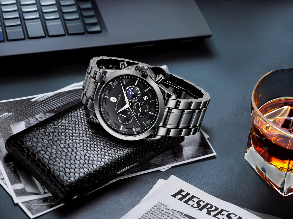 SAPPHERO Chronograph Watches for Men, Original Business Casual Stainless Steel Analog Watch 50M Waterproof Luminous Watches with Date Dial, Mens Gift