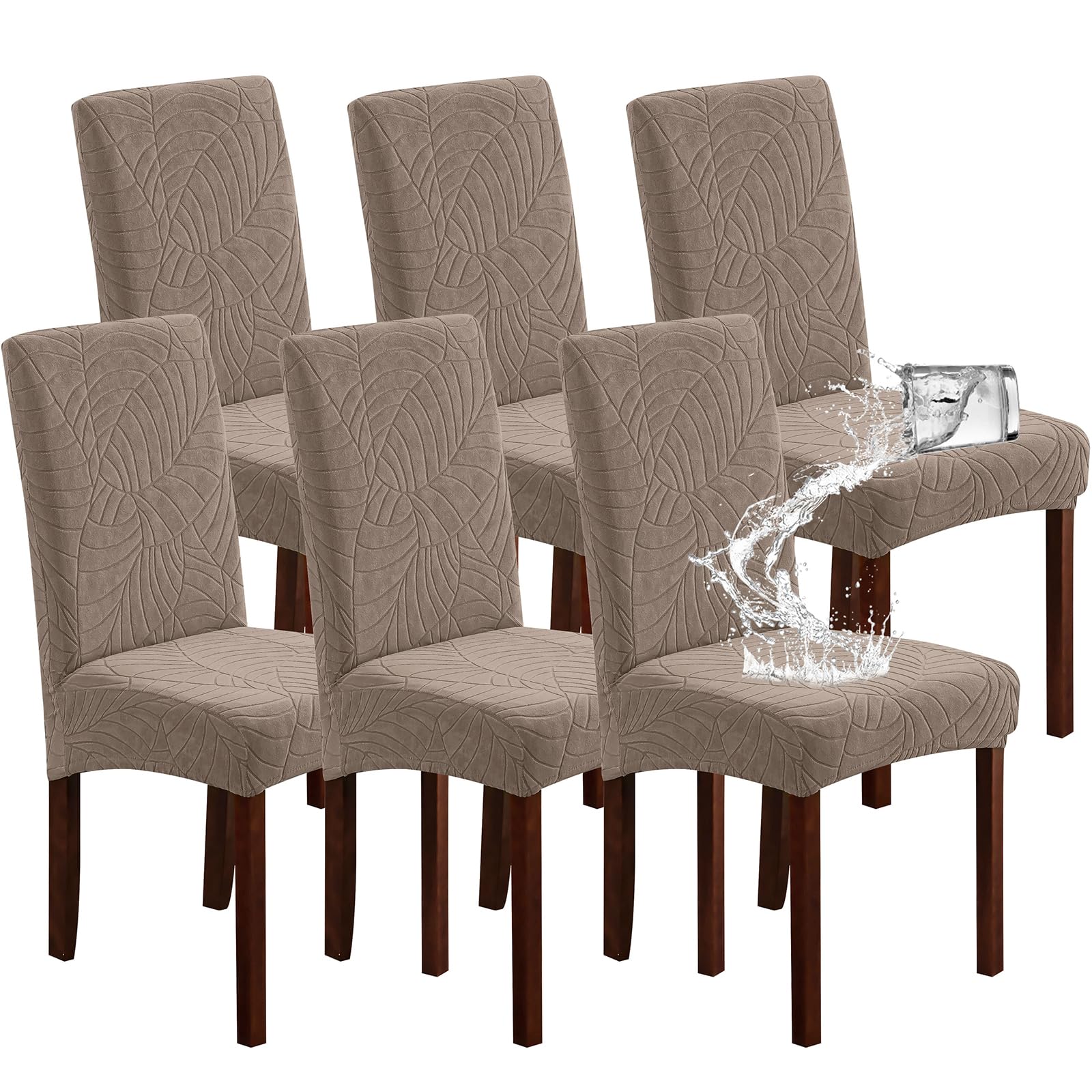 Genina Waterproof Chair Covers for Dining Room 6 Pack, Stretch Jacquard Dining Chair Cover Removable Washable Chair Protectors Cover for Kitchen, Home (Leaves-Warm Gray, 6 PCS)
