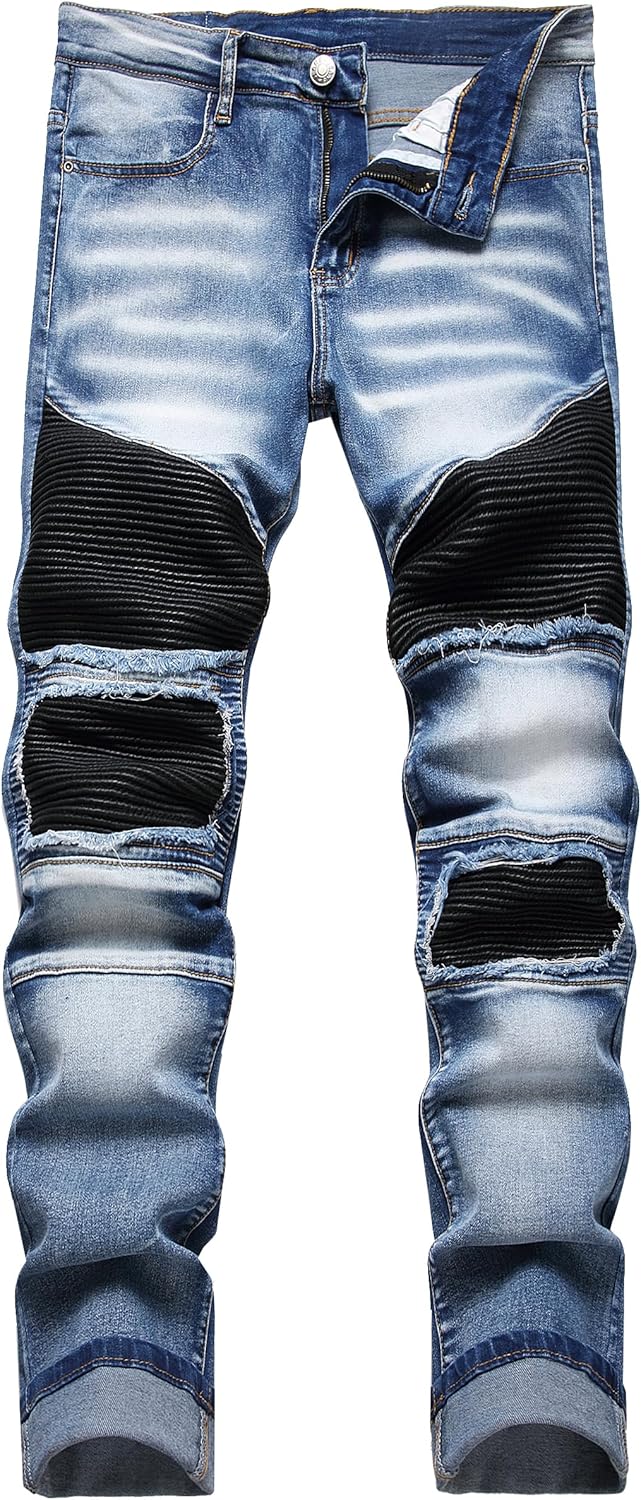 XIMXIMMTIAN Men's Biker Moto Washed Distressed Slim Fit Straight Jeans Denim