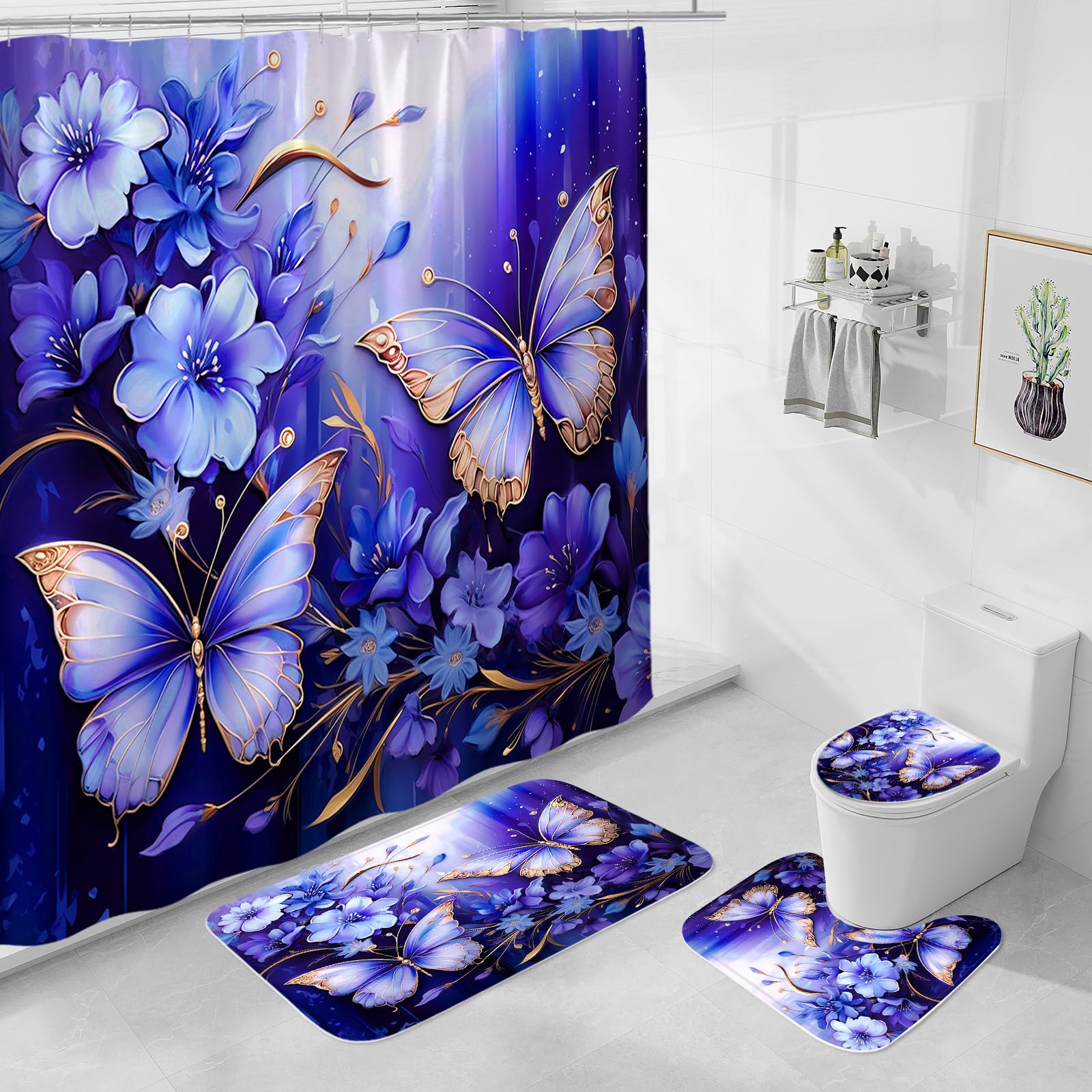 Litabel 4 Pcs Black Floral Butterfly Shower Curtain Set with Non-Slip Rugs, White Gold Modern Toilet Lid Cover and Bath Mat, Elegant Bathroom Decor Set (Hooks Not Included)