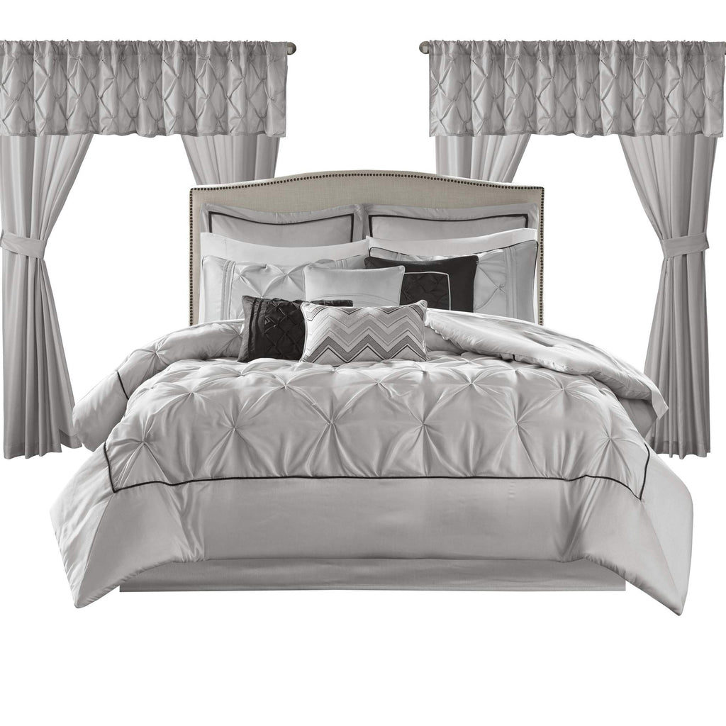 Madison Park Essentials Room in a Bag Faux Silk Comforter Set - Luxe Diamond Tufting All Season Bedding, Matching Curtains, Decorative Pillows, Taupe King(104"x92") 24 Piece