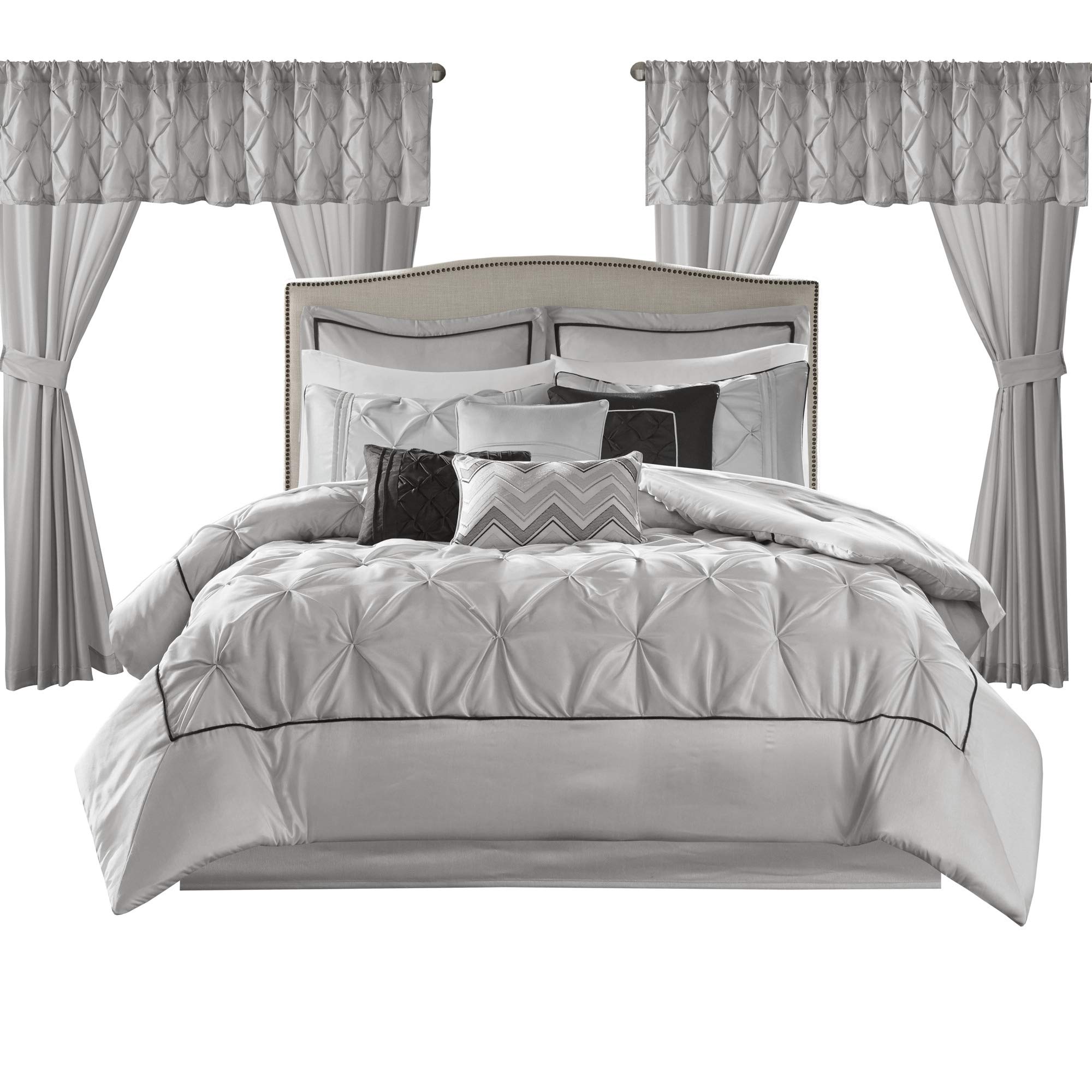Madison Park Essentials Room in a Bag Faux Silk Comforter Set - Luxe Diamond Tufting All Season Bedding, Matching Curtains, Decorative Pillows, Taupe King(104"x92") 24 Piece