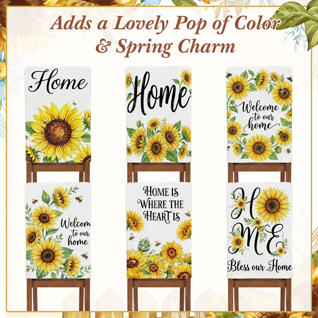 7 Pcs Sunflower Chair Covers and Tablecloth Set 60 x 84 Inch Waterproof Stain Rectangular Table Cover with Stretchable Removable Chair Slipcovers for Dining Room Kitchen Patio Summer Parties
