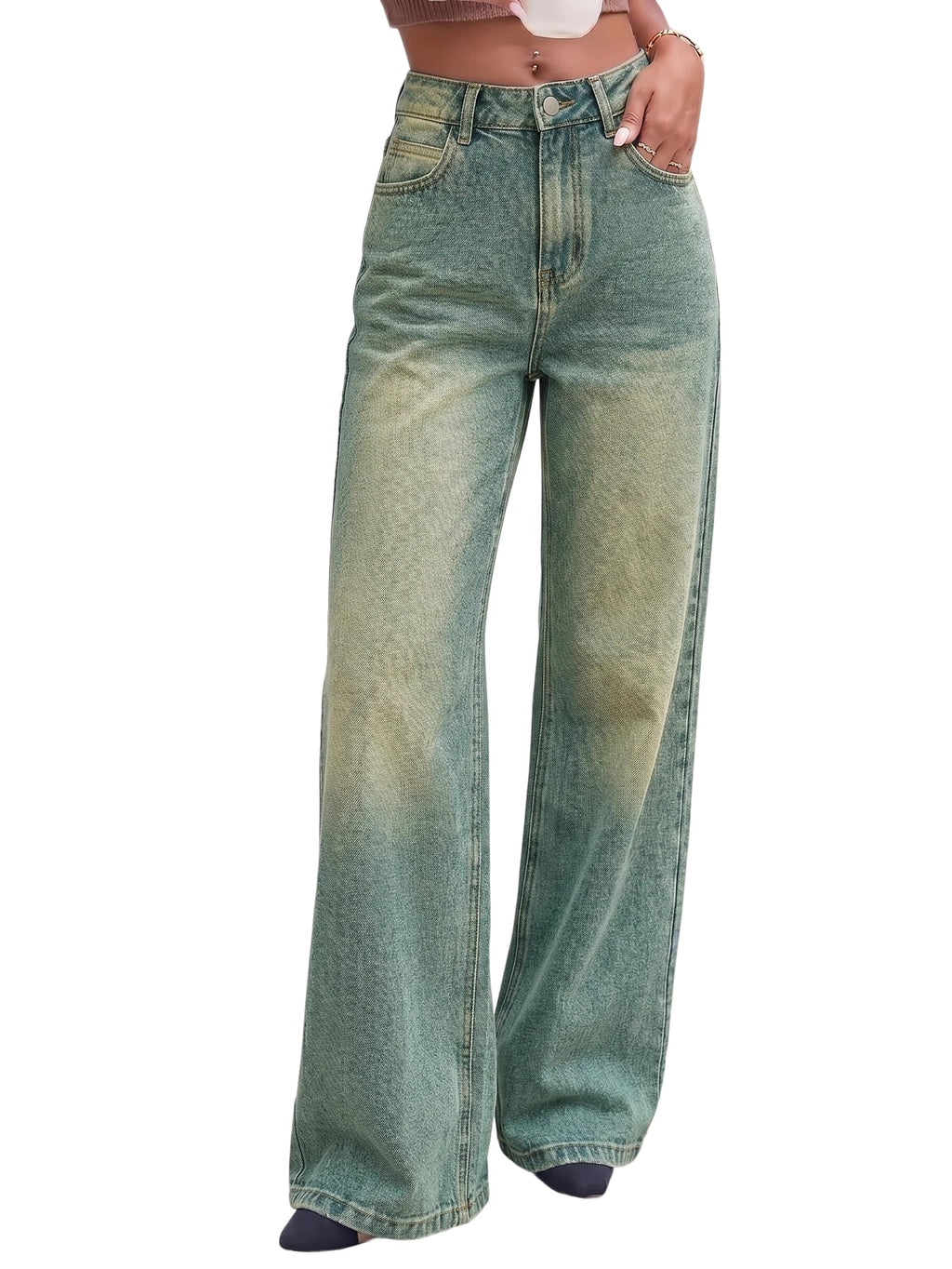 EMMIOL Women Baggy Jeans Mid-Low Waist Boyfriend Streetwear Vintage Jeans Wide Leg Denim Pants