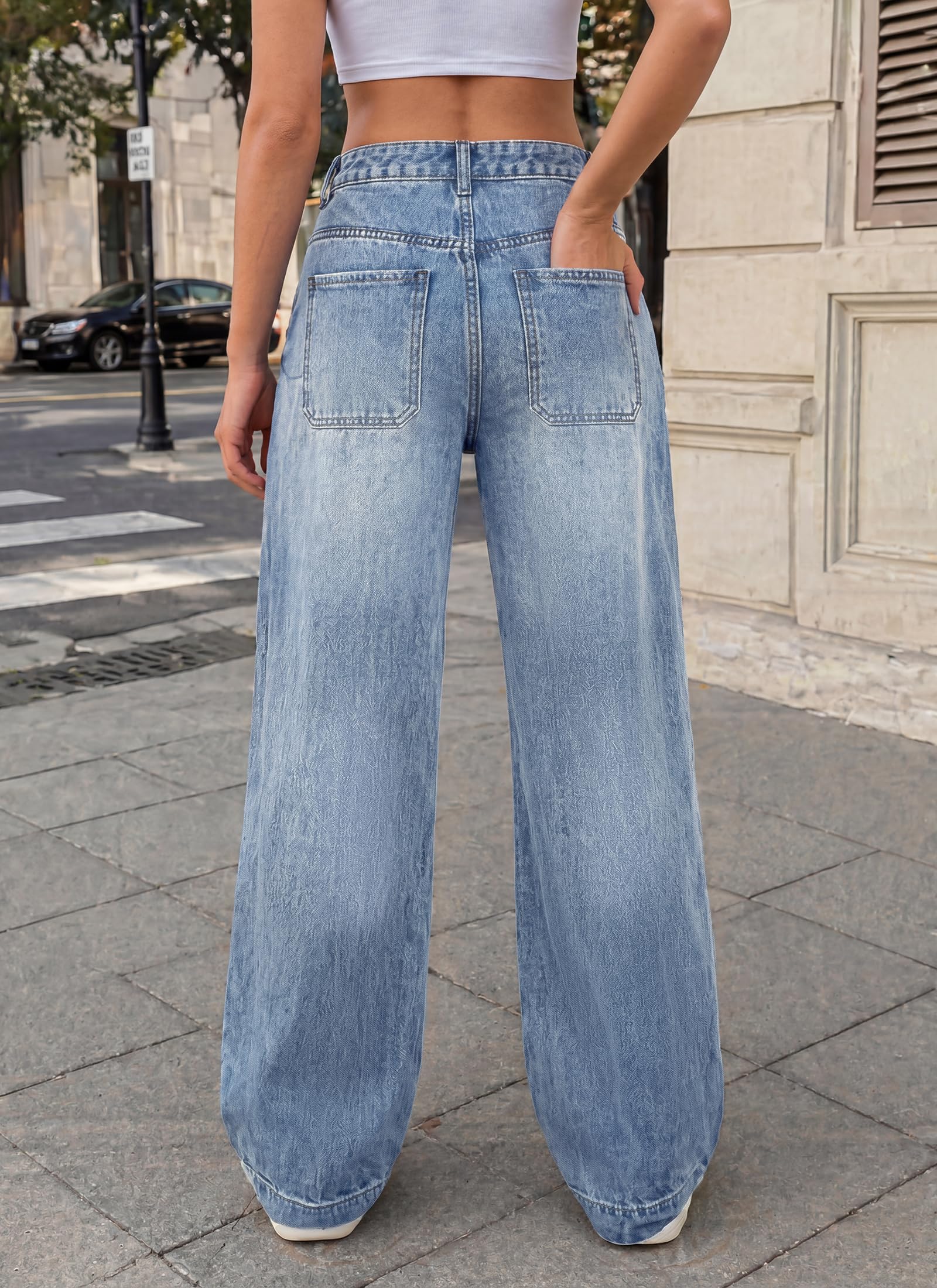 EMMIOL Women Baggy Jeans Mid-Low Waist Boyfriend Streetwear Vintage Jeans Wide Leg Denim Pants