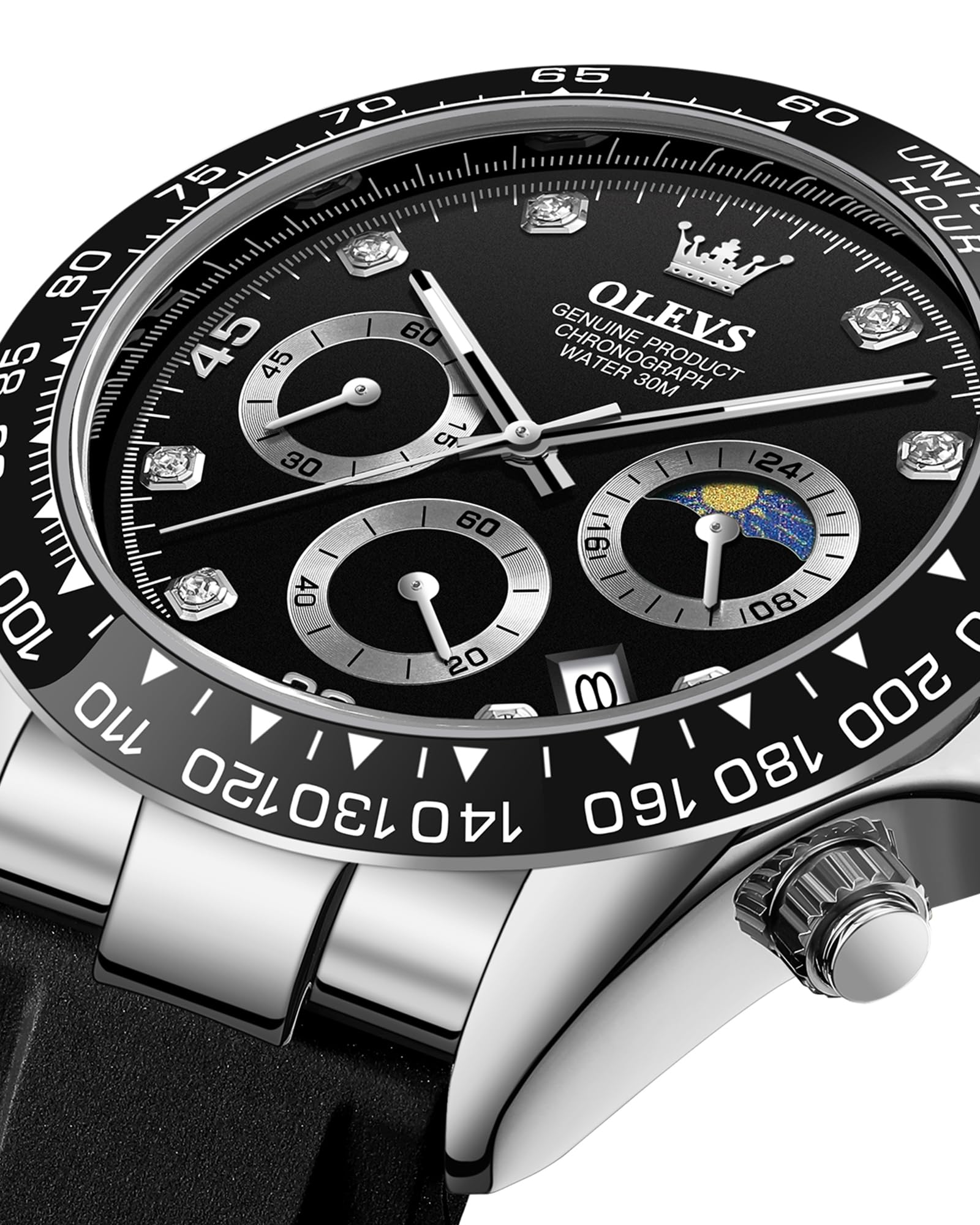 OLEVS Men Analog Quartz Waterproof Watches Multifunction Chronograph Diamond Moon Phase Luminous Silicone Band Wrist Watches