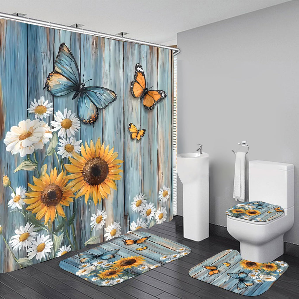 AZHM 4PCS Lotus Shower Curtain Set Black and Gold Flower Bathroom Decor Sets with Shower Curtain and Rugs and Accessories with 12 Hooks for Toilet