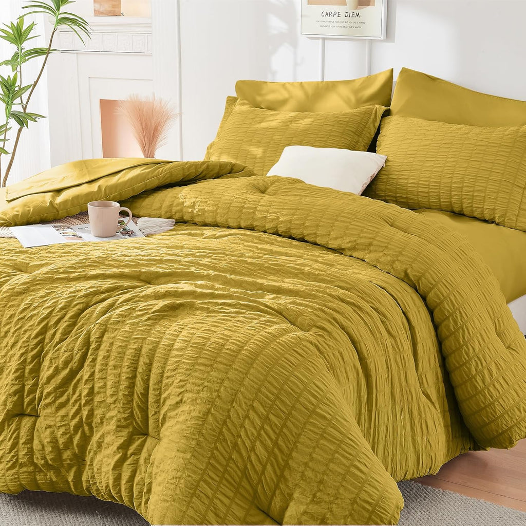 HYMOKEGE 7 Piece King Size Comforter Set Seersucker, All Season Luxury Bed in a Bag for Bedroom, Bedding Set with Comforters, Sheets, Pillowcases & Shams, Dark Grey
