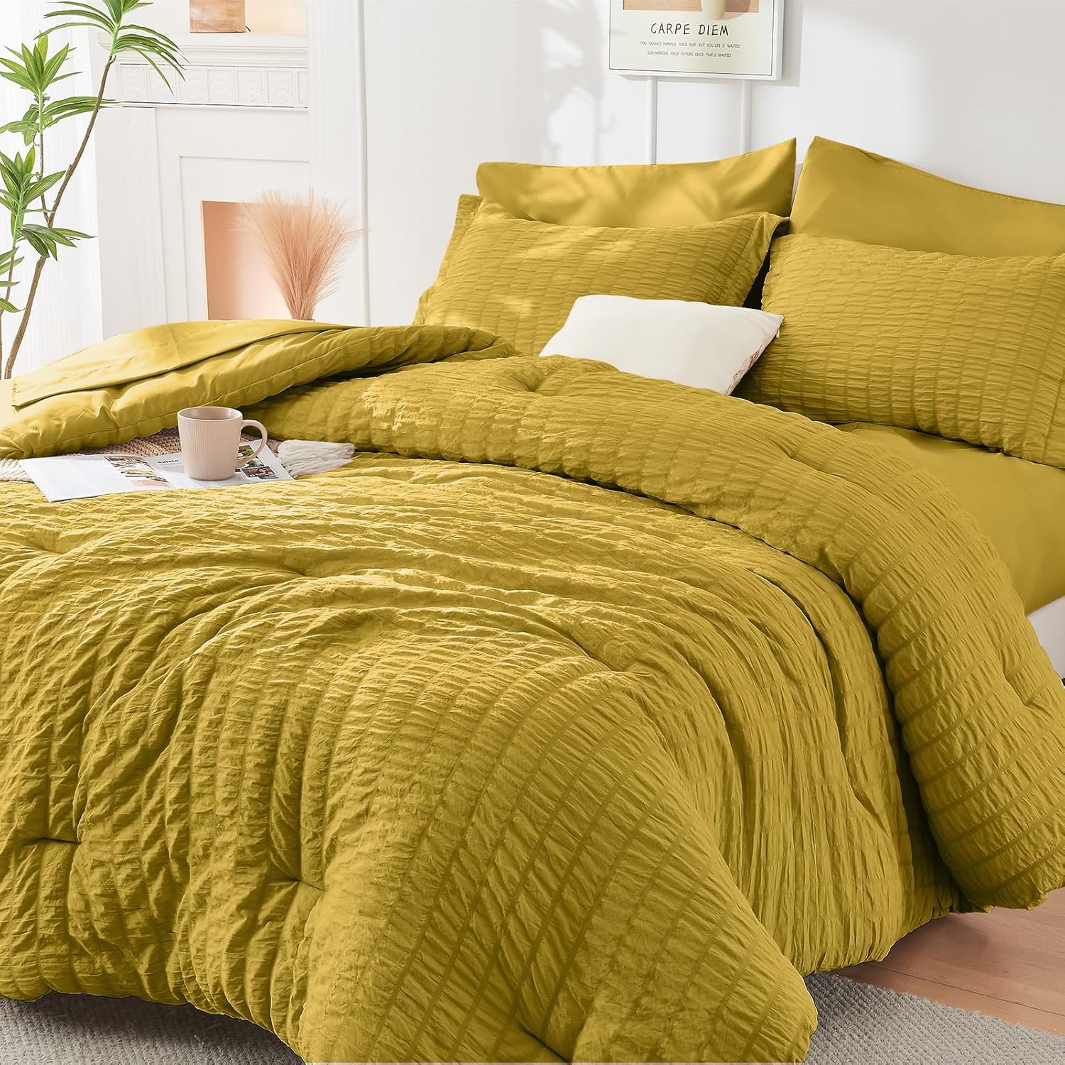 HYMOKEGE 7 Piece King Size Comforter Set Seersucker, All Season Luxury Bed in a Bag for Bedroom, Bedding Set with Comforters, Sheets, Pillowcases & Shams, Dark Grey