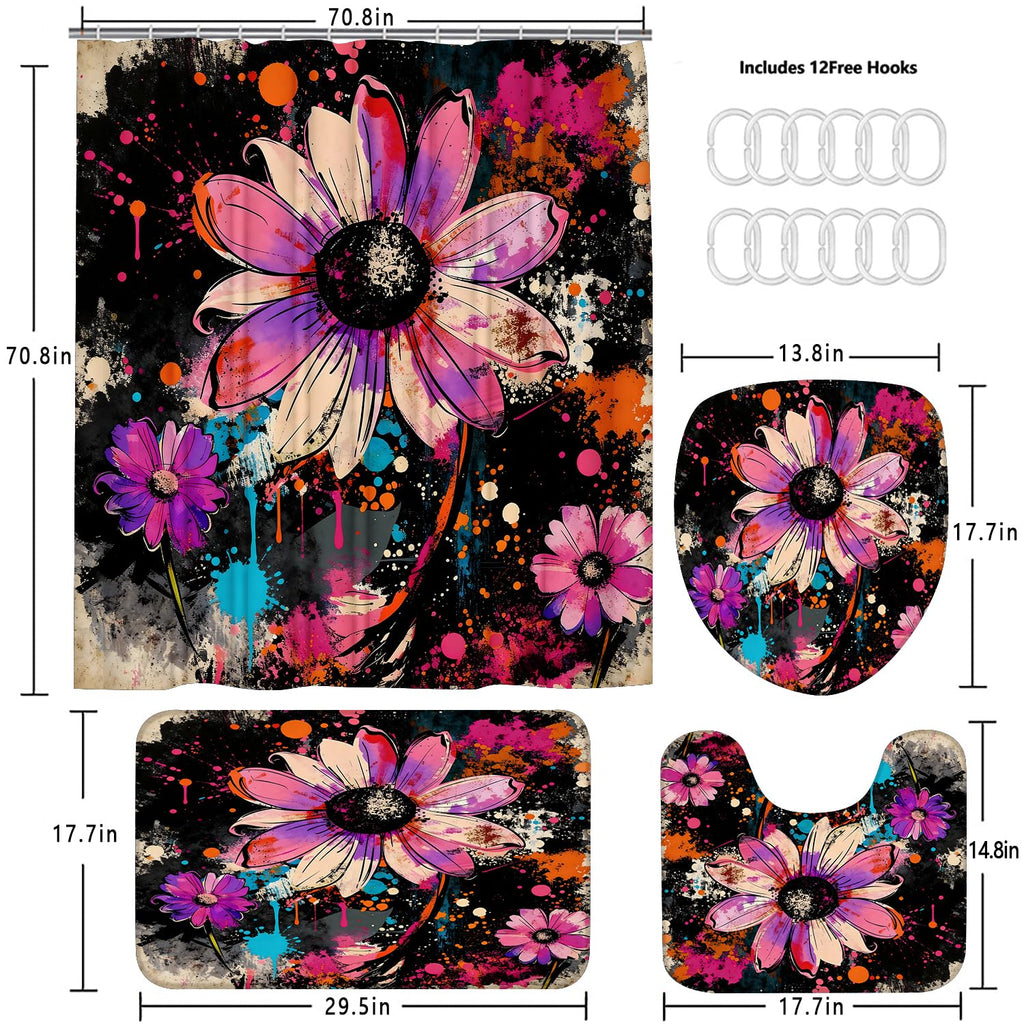 AZHM 4PCS Lotus Shower Curtain Set Black and Gold Flower Bathroom Decor Sets with Shower Curtain and Rugs and Accessories with 12 Hooks for Toilet