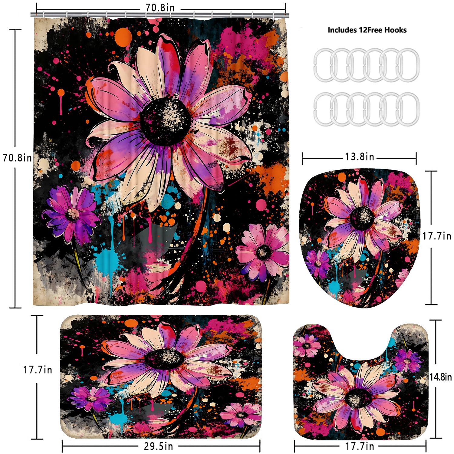 AZHM 4PCS Lotus Shower Curtain Set Black and Gold Flower Bathroom Decor Sets with Shower Curtain and Rugs and Accessories with 12 Hooks for Toilet