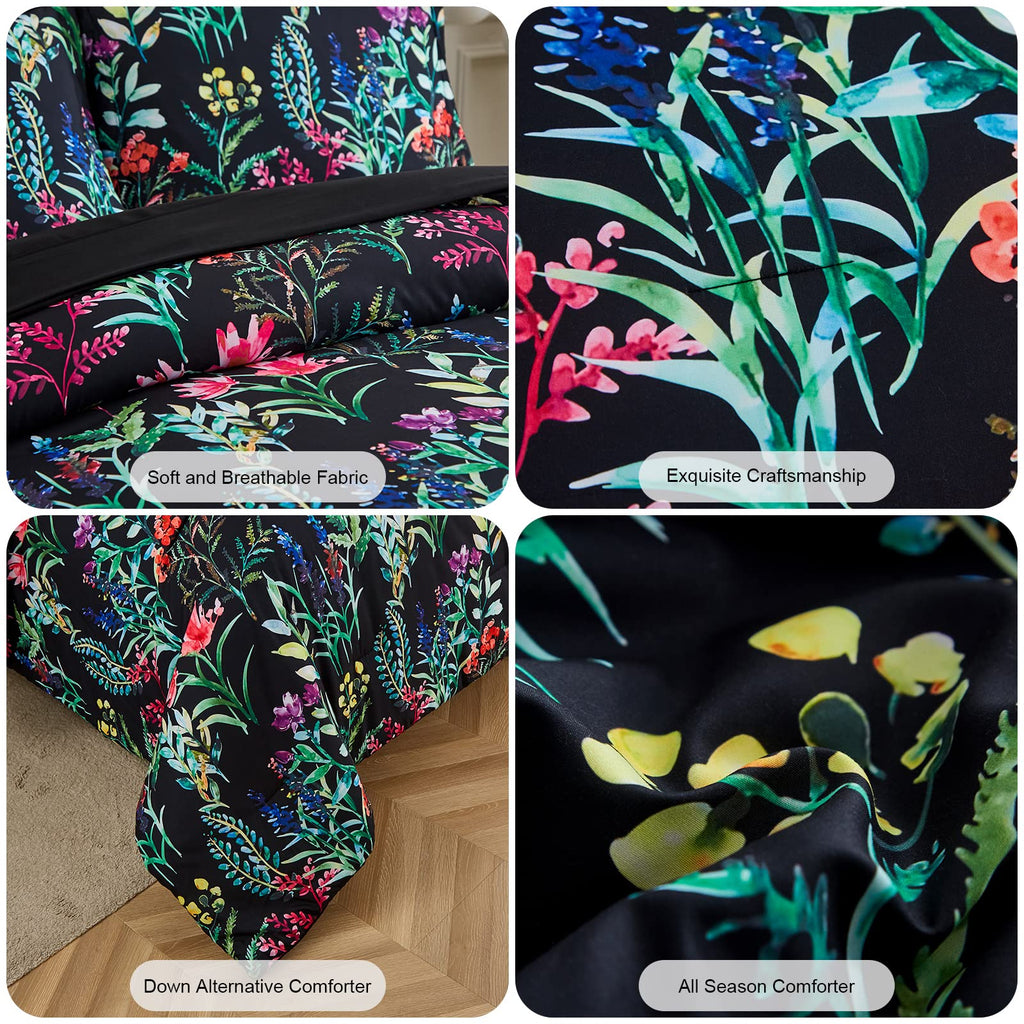 DHSFKBE 7 Piece Bed in a Bag Floral Comforter Set, Botanical Flowers Comforter and Sheet Set, Soft Microfiber Lightweight Bedding Comforter Set for All Season(Dark Floral, King)