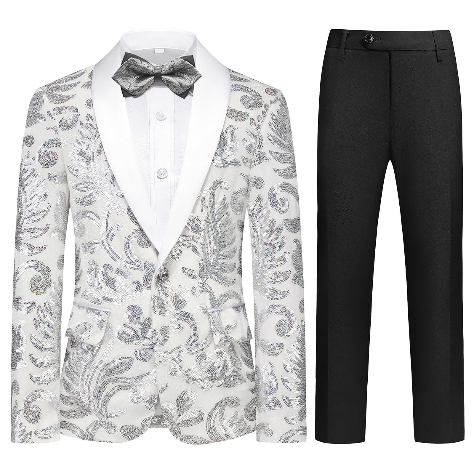 Lamgool Boys Tuxedo Suit Slim Fit Formal Set 2 Pieces with Floral Jacquard Sequin Blazer Black Pants for Kids Prom Wedding