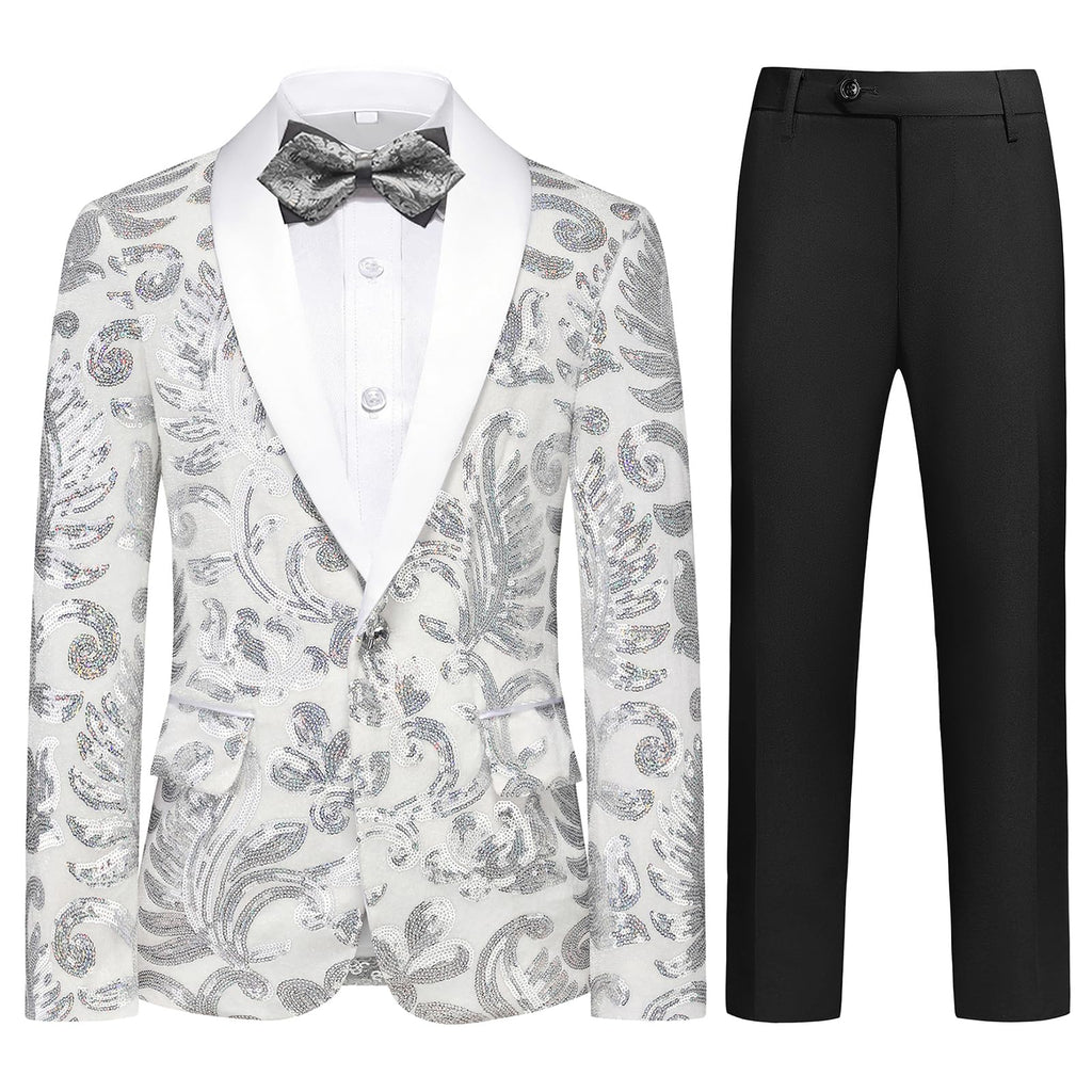 Lamgool Boys Tuxedo Suit Slim Fit Formal Set 2 Pieces with Floral Jacquard Sequin Blazer Black Pants for Kids Prom Wedding