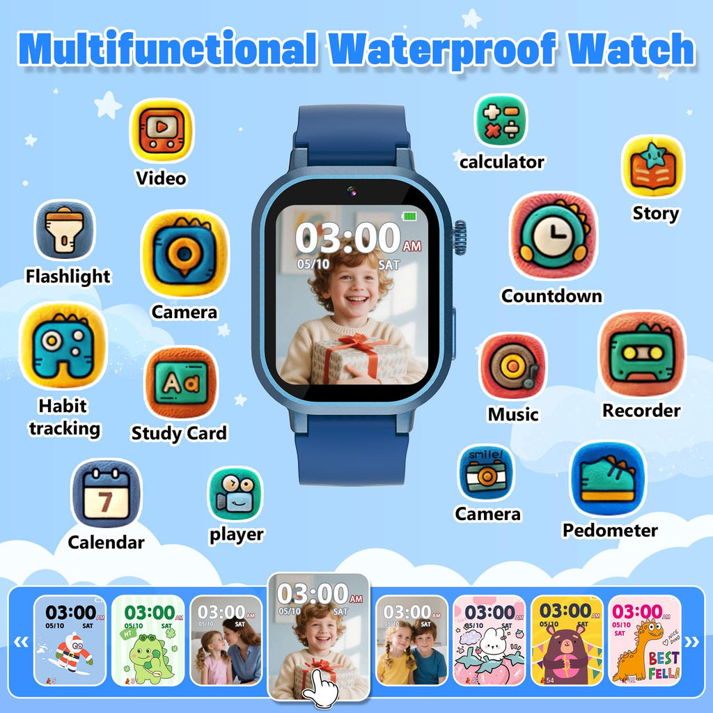 Wiszodet Kids Waterproof Smart Watch Boys Gift Age 3-12 with 39 Game HD Touch Screen Music Player Video Camera Pedometer Alarm Clock Birthday Gift for 6 7 8 9 Year Olds Blue