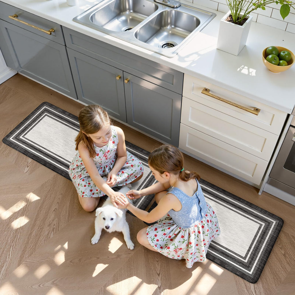 KIMODE Kitchen Mats 2PCS,Cushioned Anti Fatigue Kitchen Rugs and Mats,Non Skid Waterproof Kitchen Mats for Floor,Comfort Foam Standing Mat for Home Decor, Office,Sink,Laundry Room,Desk,Black and White