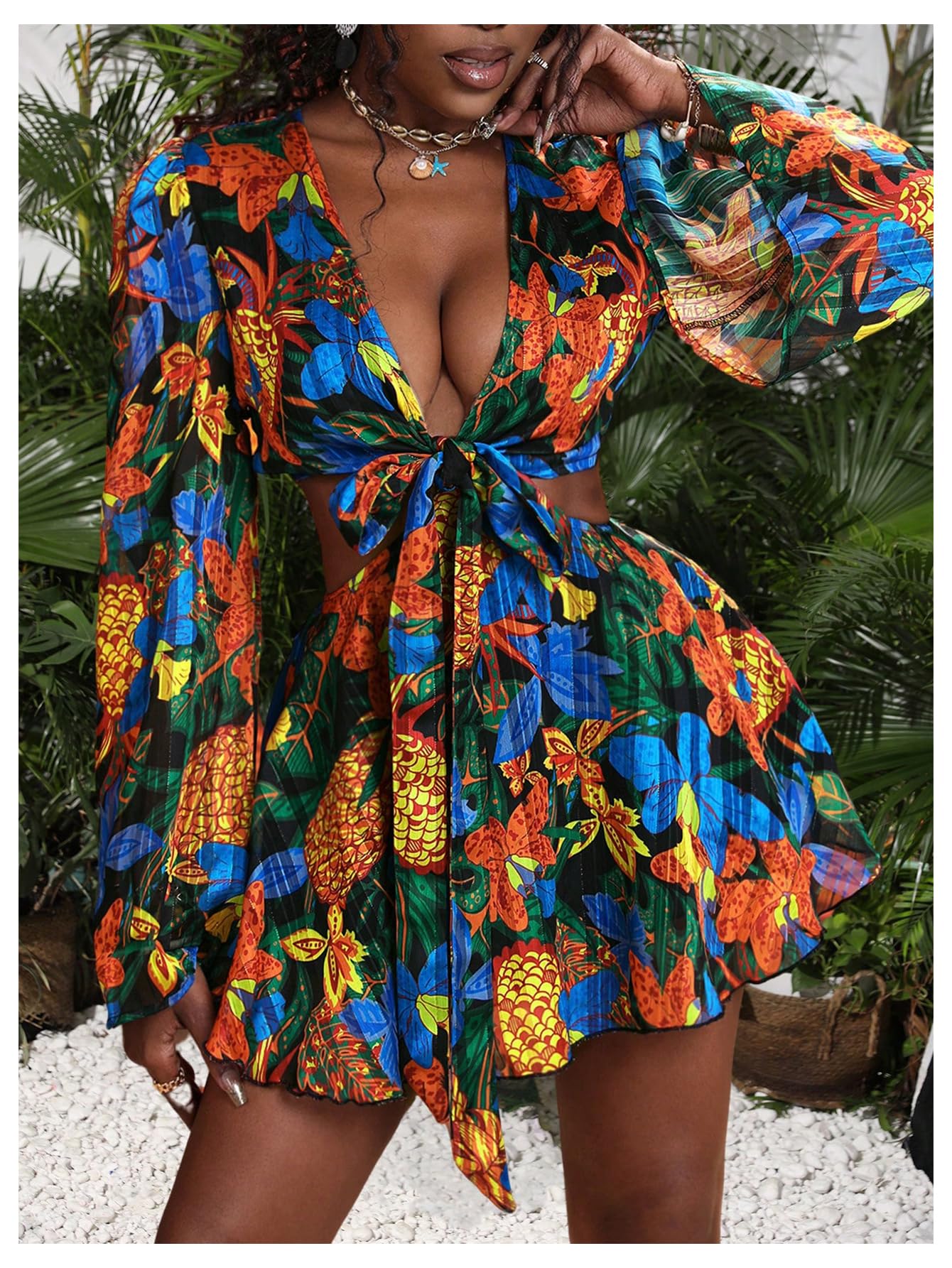 BEAUDRM Women's Tropical Dresses Summer Dress Vacation Beach Sundresses Sexy Long Bell Sleeve Two Piece Vacation Outfits