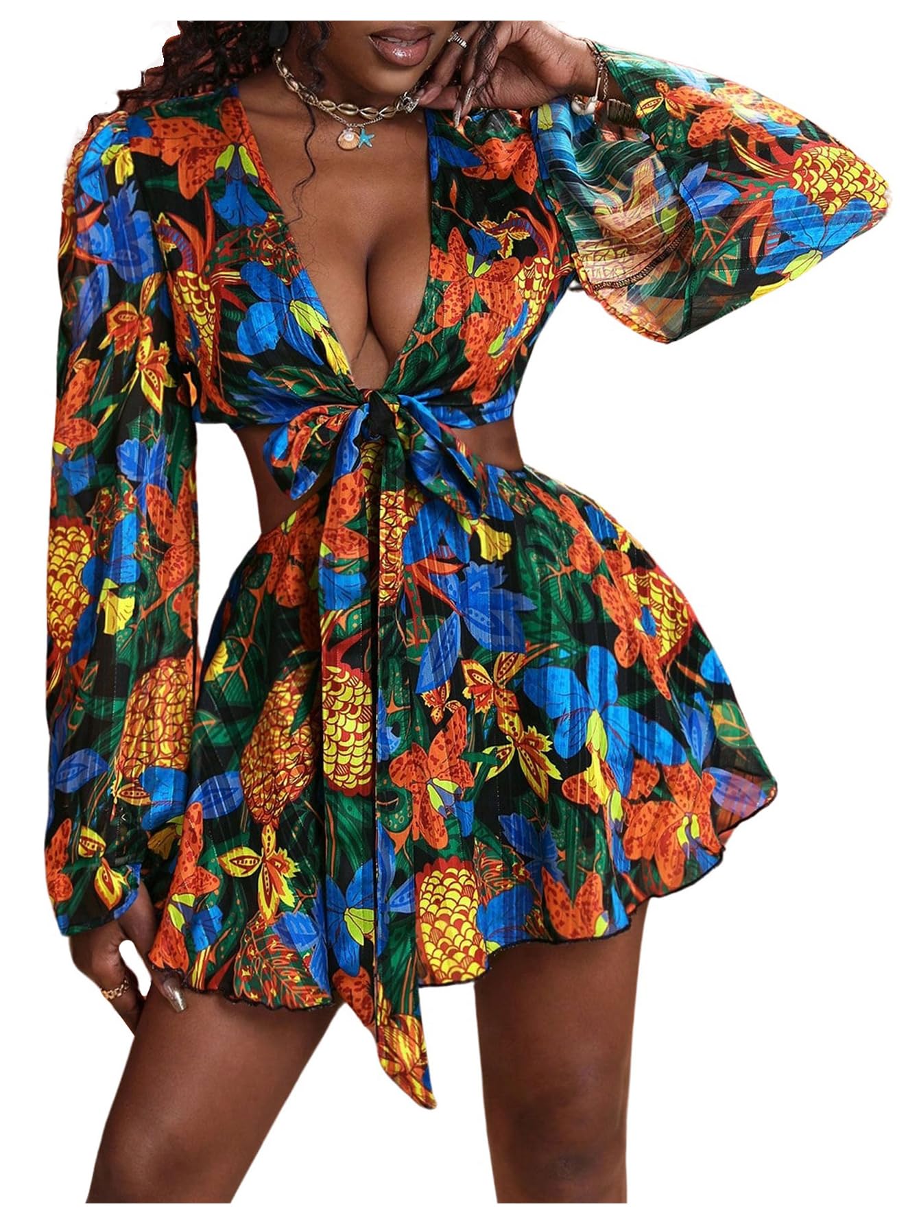 BEAUDRM Women's Tropical Dresses Summer Dress Vacation Beach Sundresses Sexy Long Bell Sleeve Two Piece Vacation Outfits