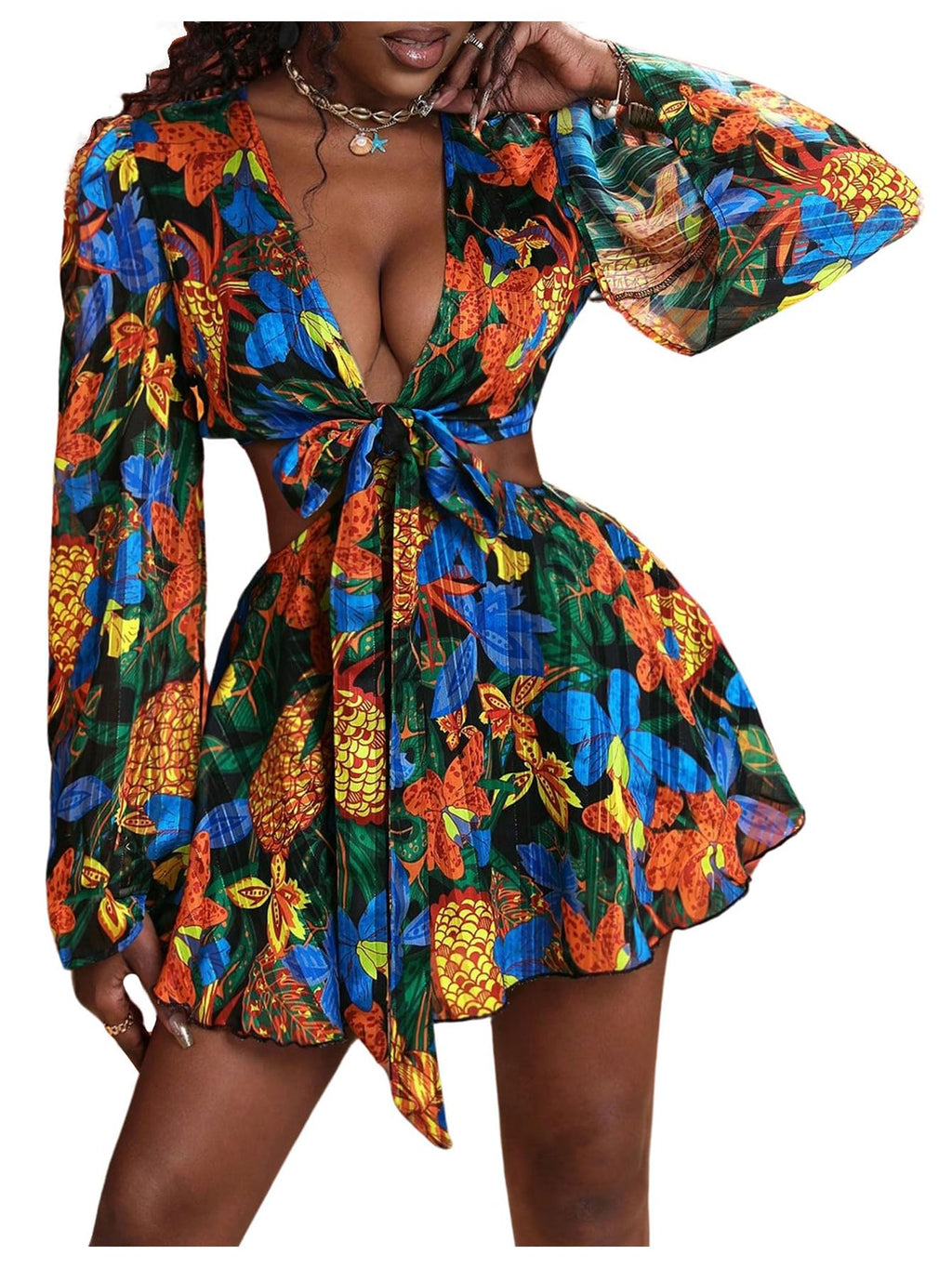 BEAUDRM Women's Tropical Dresses Summer Dress Vacation Beach Sundresses Sexy Long Bell Sleeve Two Piece Vacation Outfits